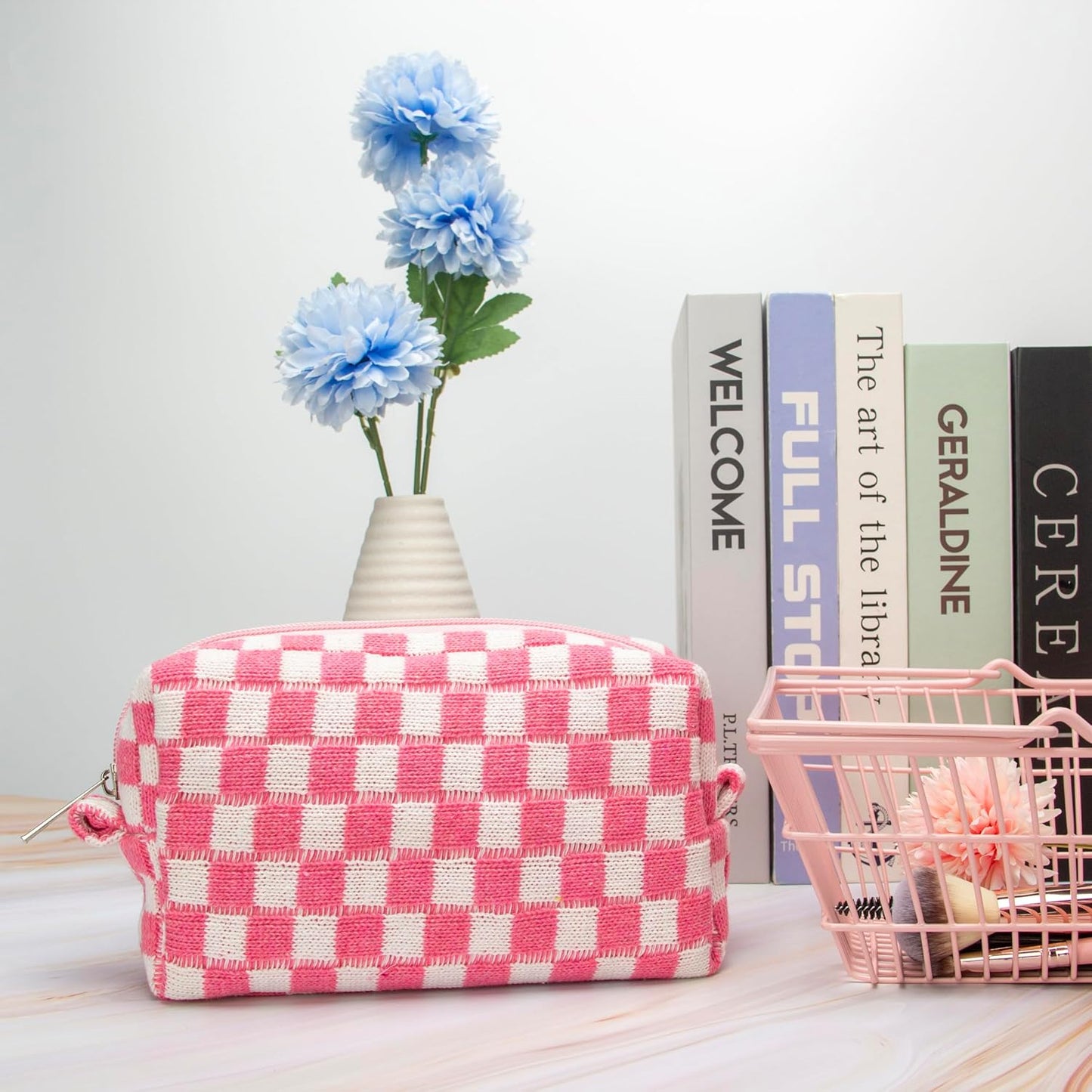 Checkered Makeup Bag for Purse Portable Zipper Make Up Pouch Small Cosmetic Case for Travel Accessories Pink White