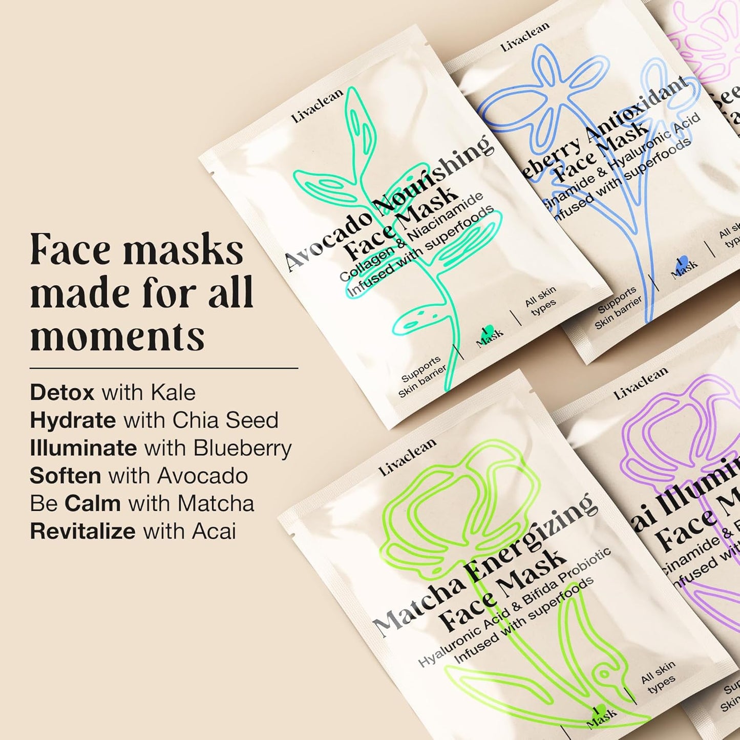 LivaClean 12 CT Face Masks Skincare - Collagen Sheet Mask - Hydrating Face Masks Bulk with Glycerin, Hyaluronic Acid, Aloe Vera - Soothing, Refreshing, Moisturizing Formula for All Skin Types