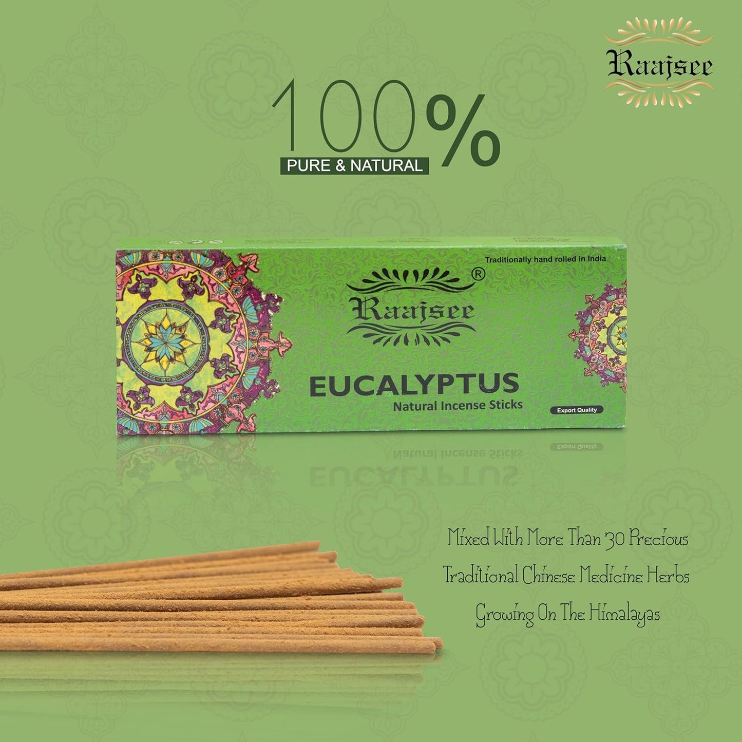Raajsee Incense Sticks Eucalyptus 100 gm Pack-100% Pure Organic Natural Hand Rolled Free from Chemicals-Perfect for Church, Aromatherapy,Relaxation,Meditation,Positivity & Sensual Therapy