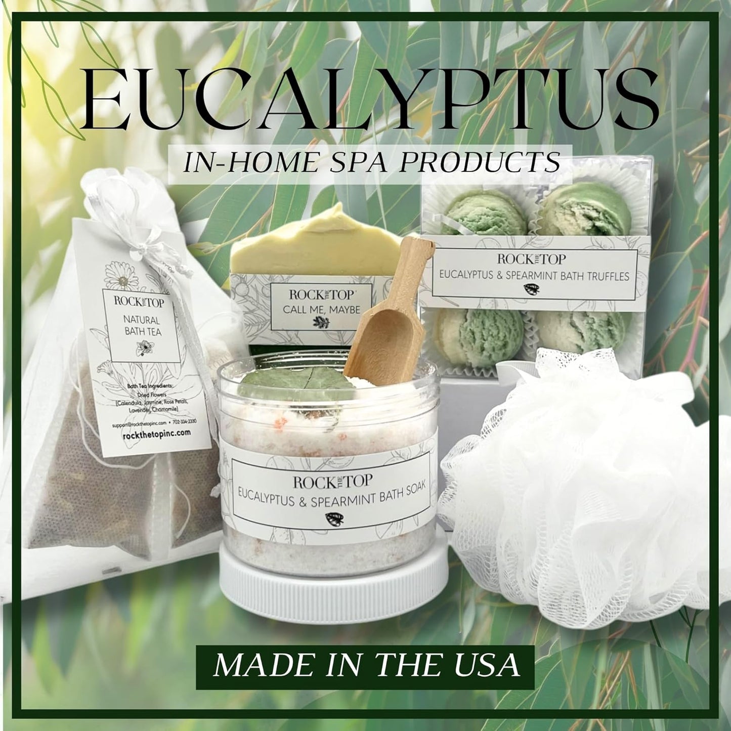 USA MADE | Eucalyptus Spearmint Spa Gift Baskets for Women. 6 Cold & Stress Self Care Gifts, Aromatherapy Epsom Salt Bath Soak, Bath Soap, Bath Bombs (Truffle), Bath Salts Gift Basket.