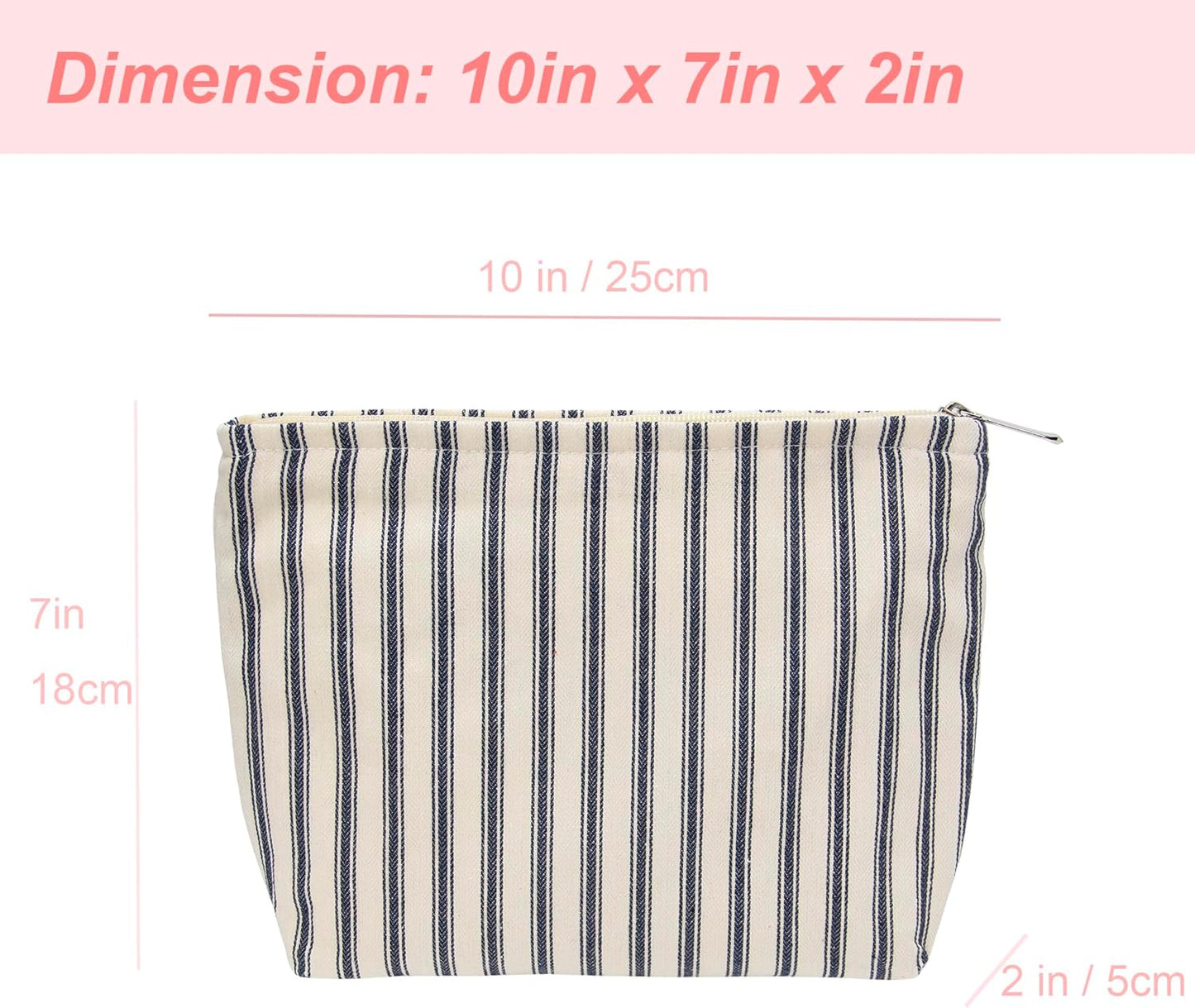 PAZIMIIK Makeup Bag Large Cotton Zipper Pouch for Purse Travel Canvas Make Up Organizer for Women Cosmetic,Vintage Stripe Navy Blue