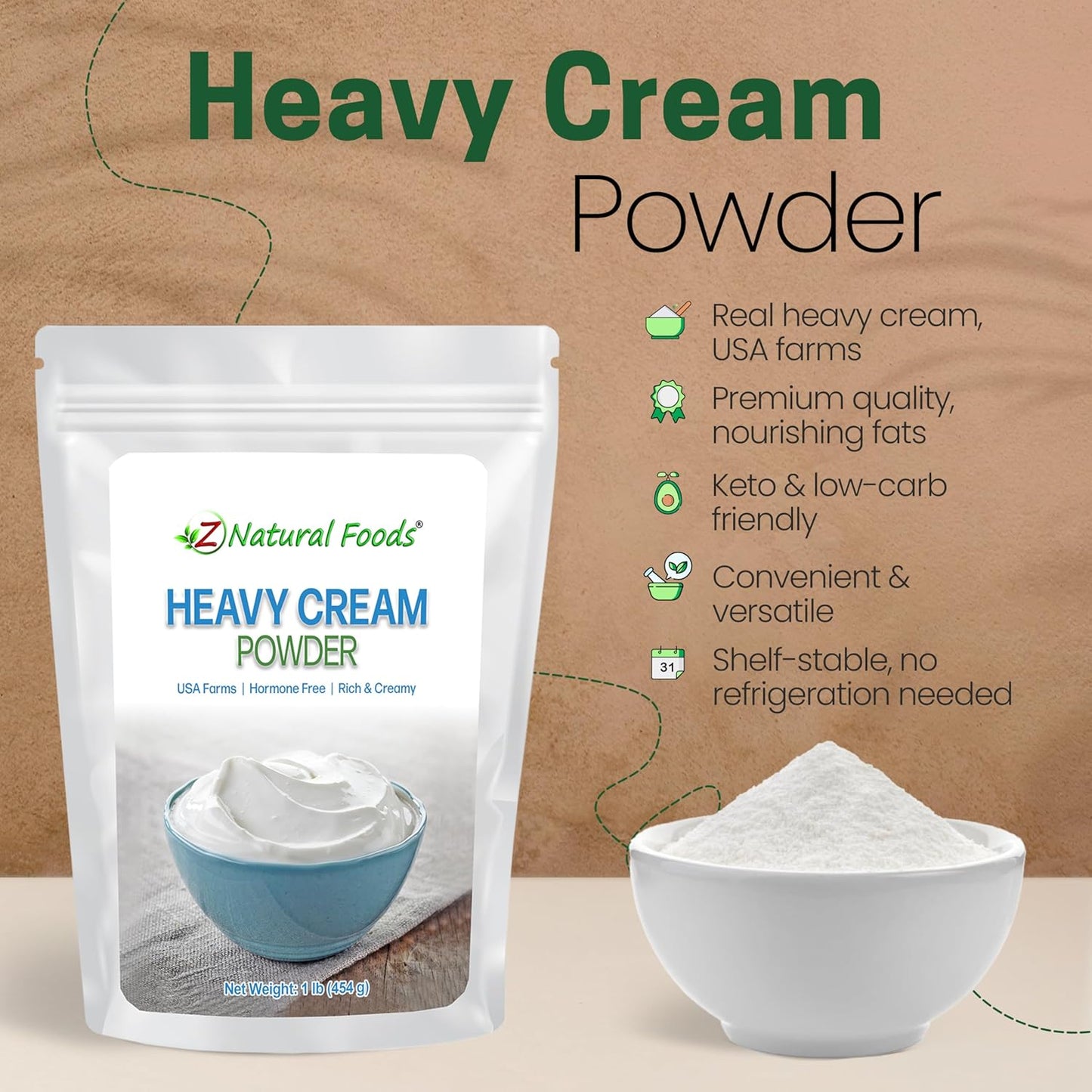 Z Natural Foods Heavy Cream Powder - Nutrient-Dense, Delicious Powdered Cream with 1-Year Shelf Life - Easy to Use & Perfect for Coffee, Baking & Recipes, Keto-Friendly, Gluten-Free, 1 lb
