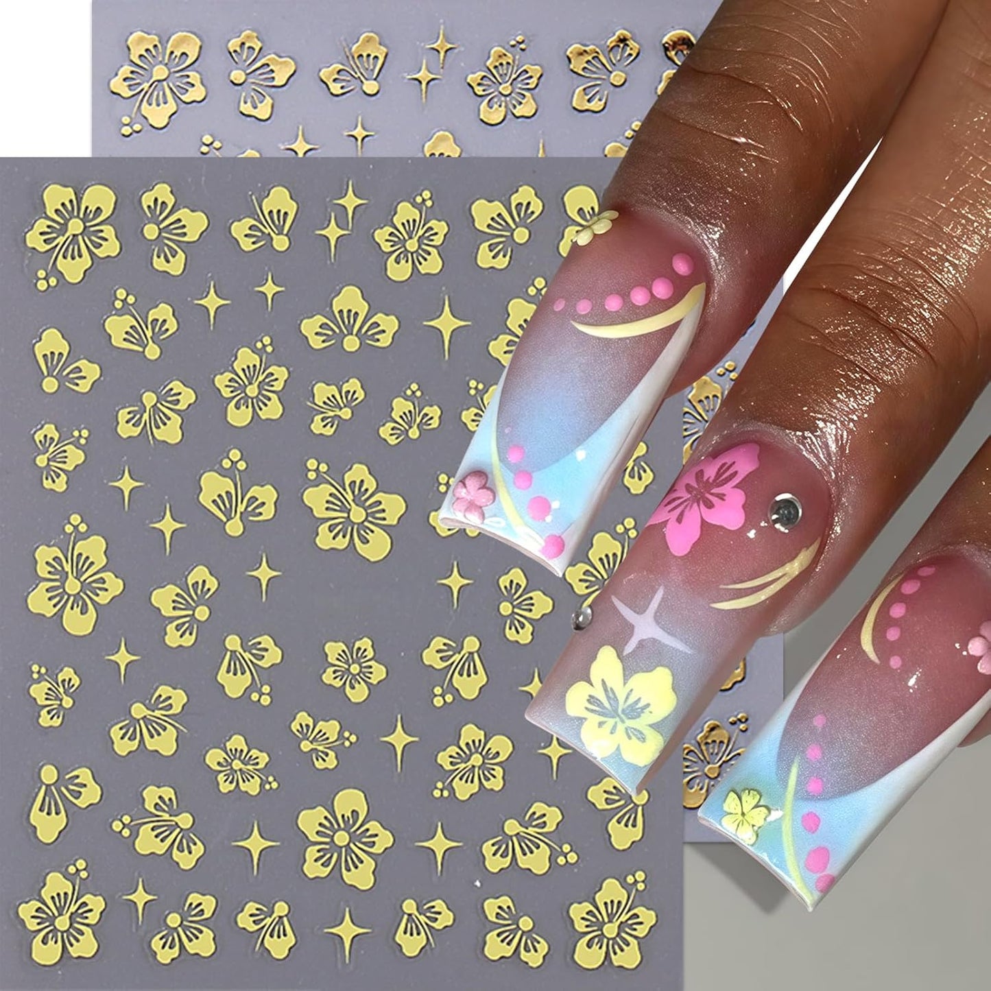 10 Sheets Hibiscus Flower Nail Stickers for Nail Art Petal Floral Nail Art Decals 3D Self-Adhesive Pink Blue Gold Silver Hibiscus Nail Design Pegatinas Uñas for Women DIY Manicure Decor Accessories