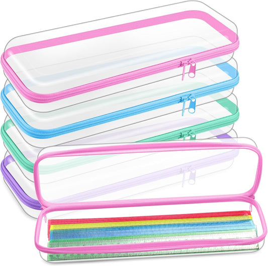 Hoolerry 4 Pcs Hard Clear Zipper Case Makeup Bags Plastic Pencil Pouch Transparent Storage Box Containers for Cosmetics, Snacks, Building Blocks, Puzzles(Pastel,13.2 x 4.7 x 2.4 in)