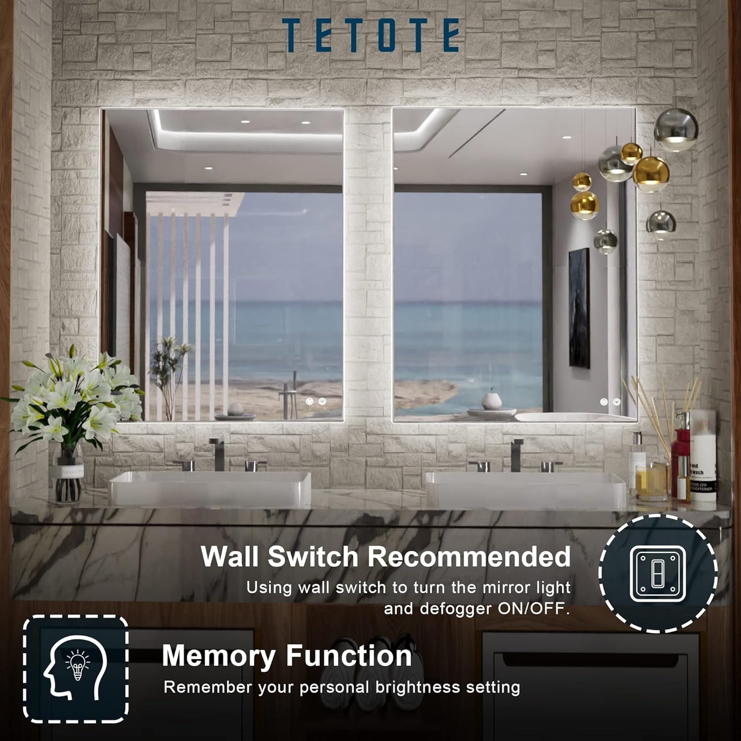 TETOTE 24 x 32 Inch LED Backlit Bathroom Vanity Mirror,Anti-Fog,Dimmable,CRI90+,Touch Button,Water Proof,Horizontal/Vertical Wall Mounted with Light