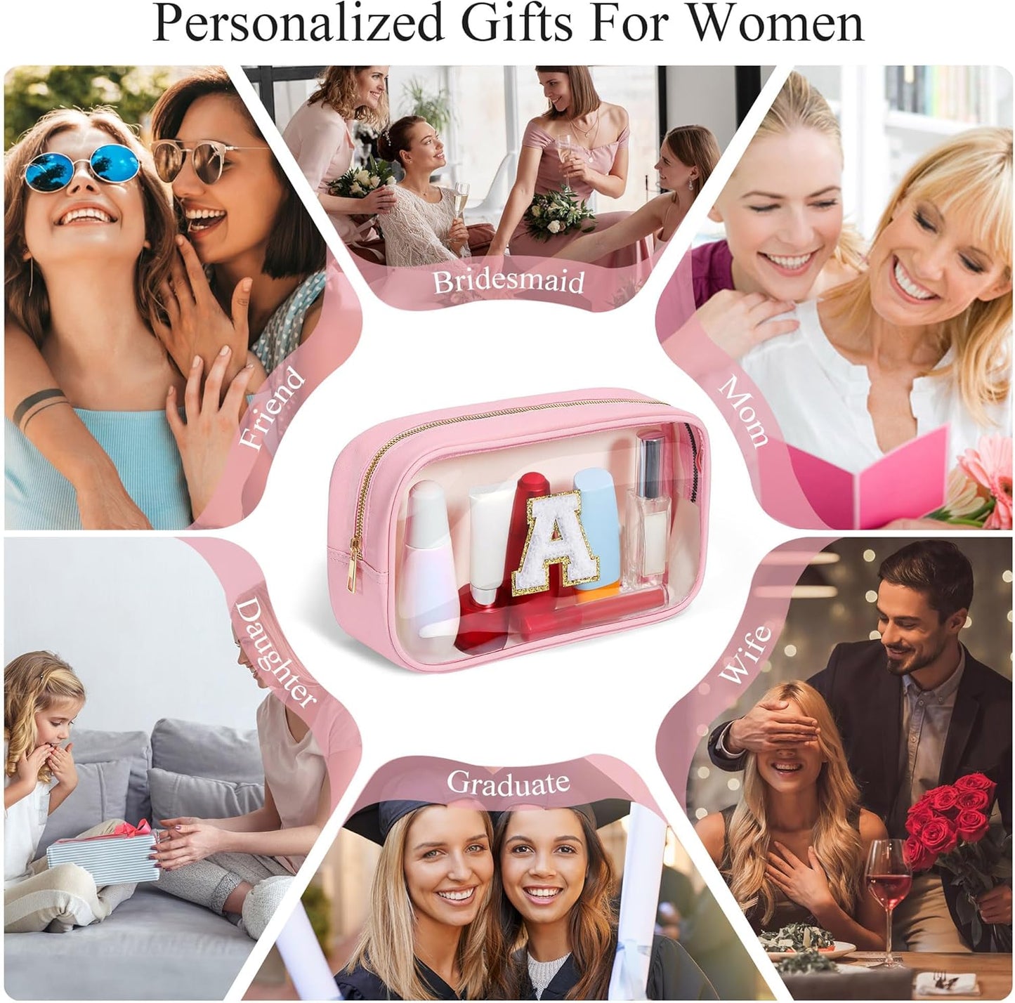 YOOLIFE Travel Toiletry Bag for Women, Pink Clear Makeup Bag Cute Make Up Bag for Women Cosmetic Bags Skin Care Makeup Bag Organizer Birthday Gifts for Women Teacher Mother Girlfriend Initial T