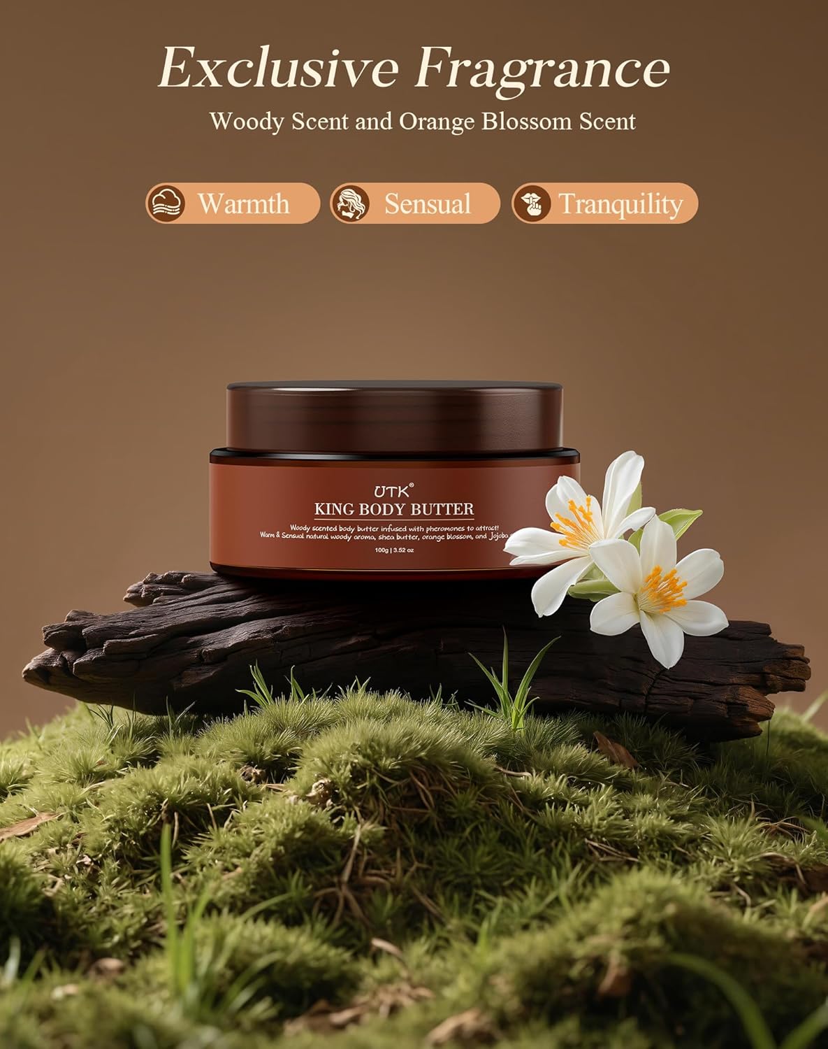 King Body Butter for Men, Mixed Woody Fragrance & Orange Blossom, Warm and Sensual Scent, Organic Shea & Jojoba Seed Oil, Moisturizing Formula with All-Day Fragrance,3.52oz, Enhance Attractiveness