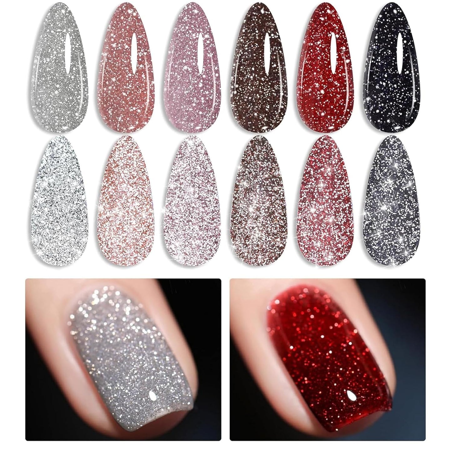 Born Pretty Reflective Red Glitter Gel Polish Christmas Glitter Gel Polish Sparkly Shiny Disco DJ LED Nail Polish Varnish Silver Red Black Colors Collection 6PCS 7ML