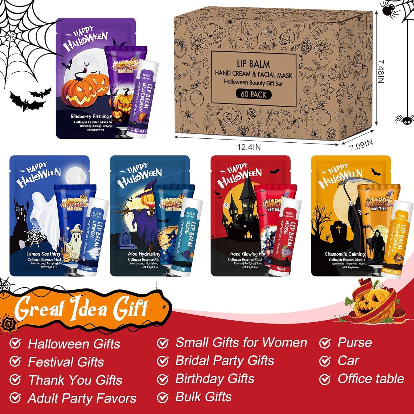 60 Pack Bulk Halloween Facial Mask, Hand Cream and Lip Balm Sets, Halloween Gifts, Halloween Party Favors, Halloween Decorations and Halloween Basket Stuffers with Halloween Card and Organza Bags