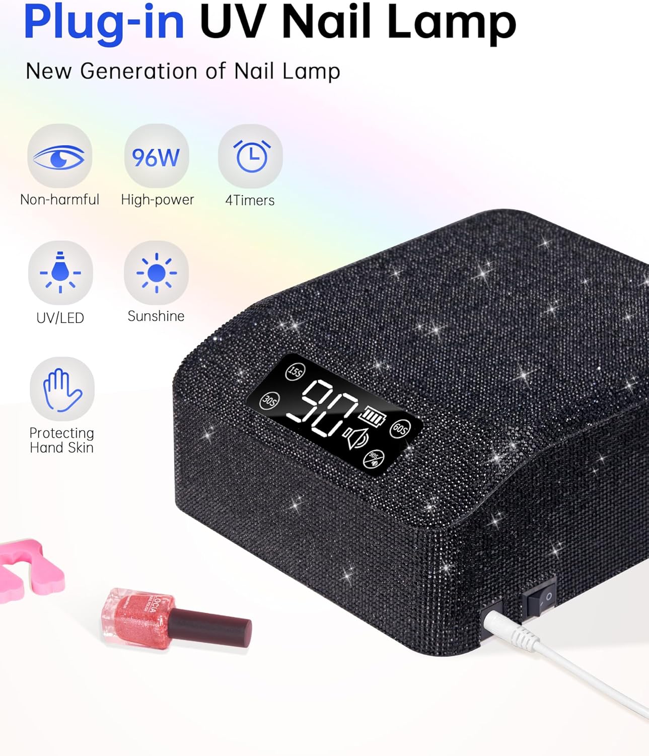 UV LED Nail Lamp 96W Nail Dryer Sparkly Gel Polish Light 4 Timer Setting Professional Quick Dry Curing Lamp with Display Auto Sensor for Salon & Home, Black