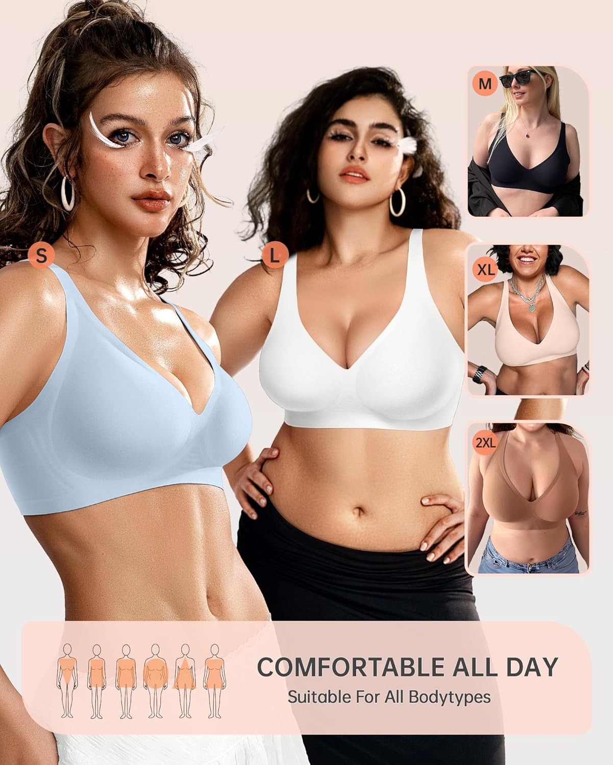 OEAK Womens Deep V Bras Wireless Comfortable Bra Supportive No Underwire Bras Tshirt Push Up Bralettes Plunge Seamless Bra