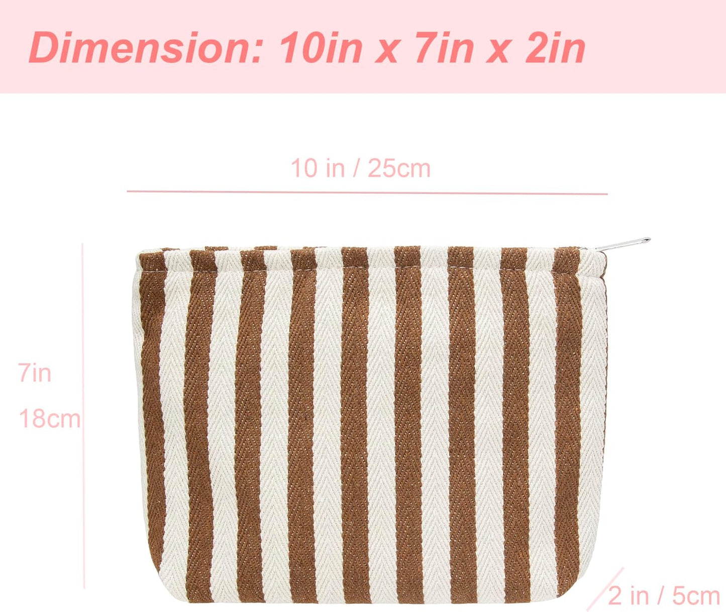PAZIMIIK Makeup Bag Large Cotton Zipper Pouch for Purse Travel Canvas Make Up Organizer for Women Cosmetic,Stripe Coffee
