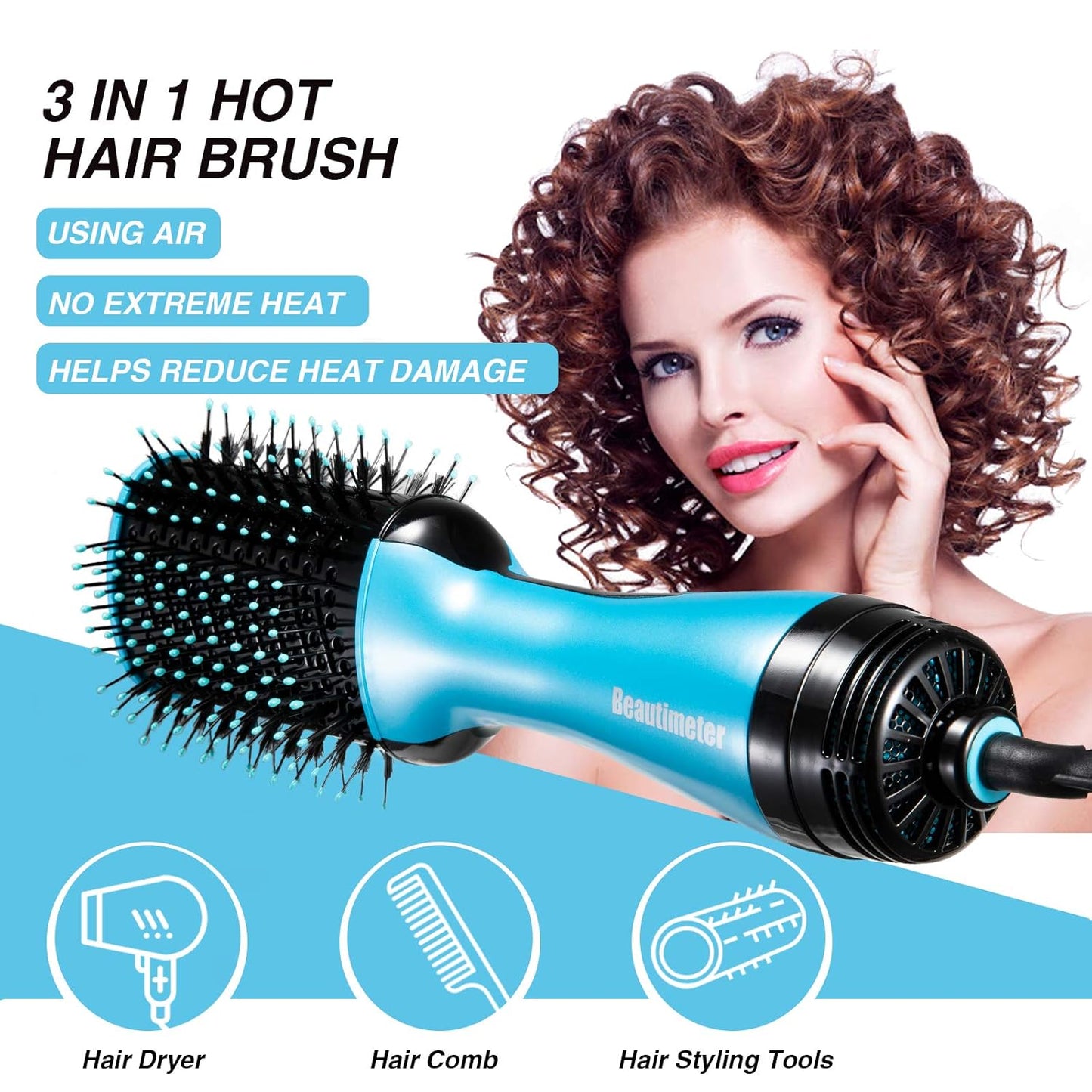 Beautimeter Blow Dryer Brush, Hot Air Brush One Step Hair Dryer and Styler Volumizer, 4 in 1 Negative Ionic Hair Styler with Oval Barrel for Smooth, Frizz-Free Hair Types, Blue & Black