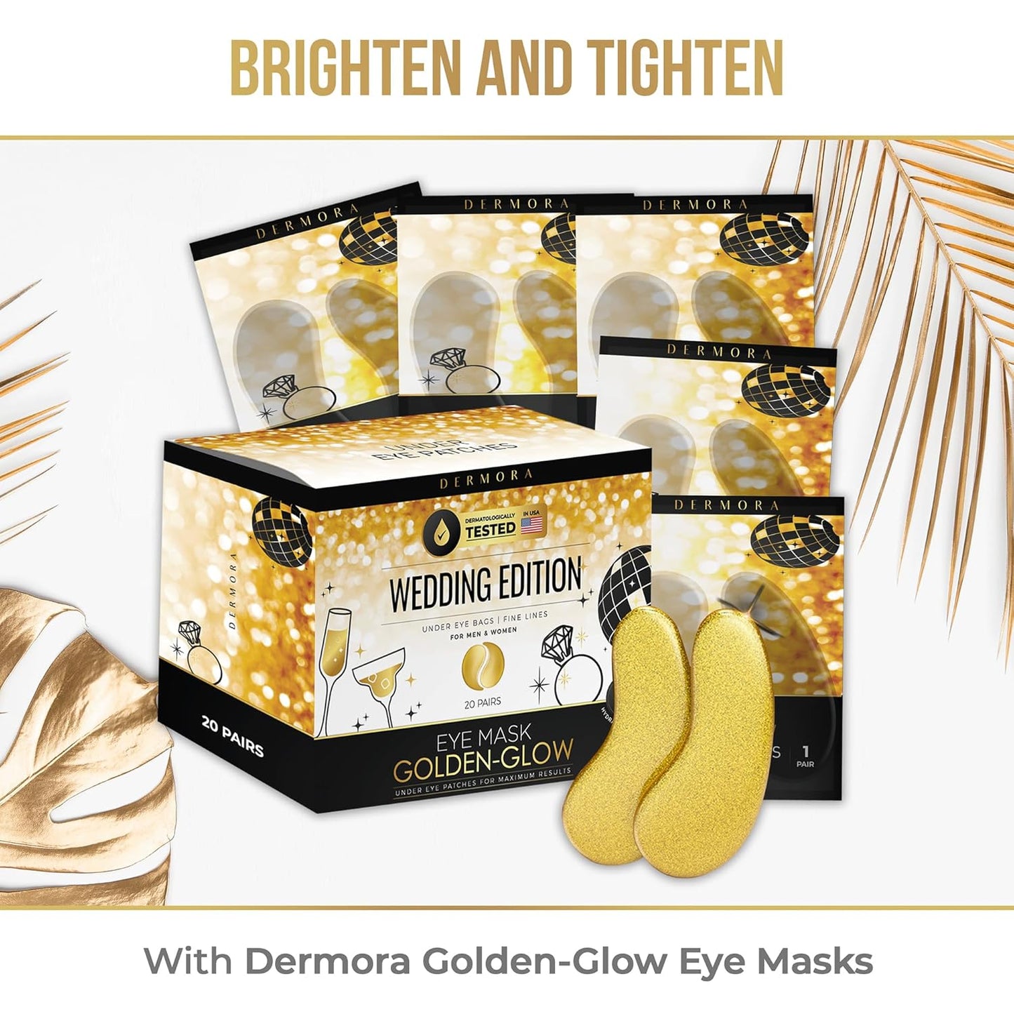DERMORA Wedding-Themed Eye Mask (20 Pairs), Golden Under Eye Patches - Rejuvenating Treatment for Dark Circles, Puffy Eyes, Refreshing, Revitalizing, Travel, Wrinkles