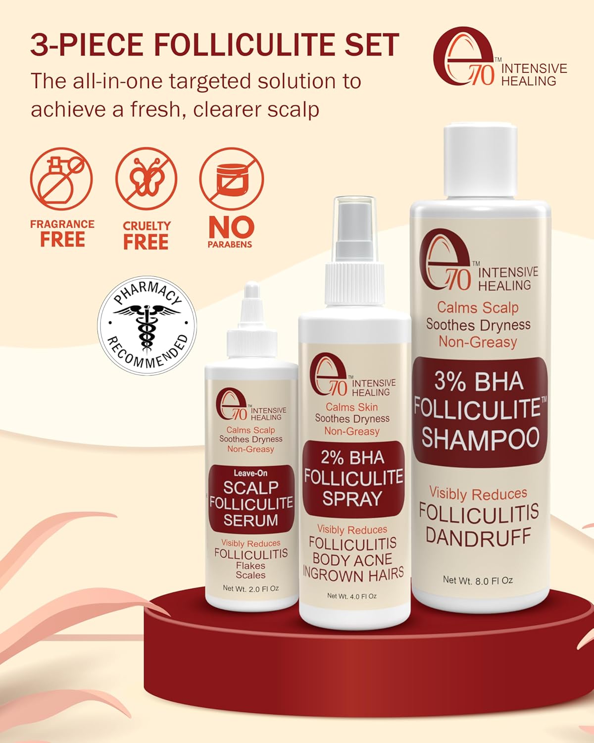 Folliculitis Treatment Shampoo with 3% BHA, Salicylic Acid, Tea Tree Oil & Chamomile Extracts - Anti Itch Shampoo for women & men with Irritated Flaky Scalp Treatment, Made in USA by e70, 8 fl oz