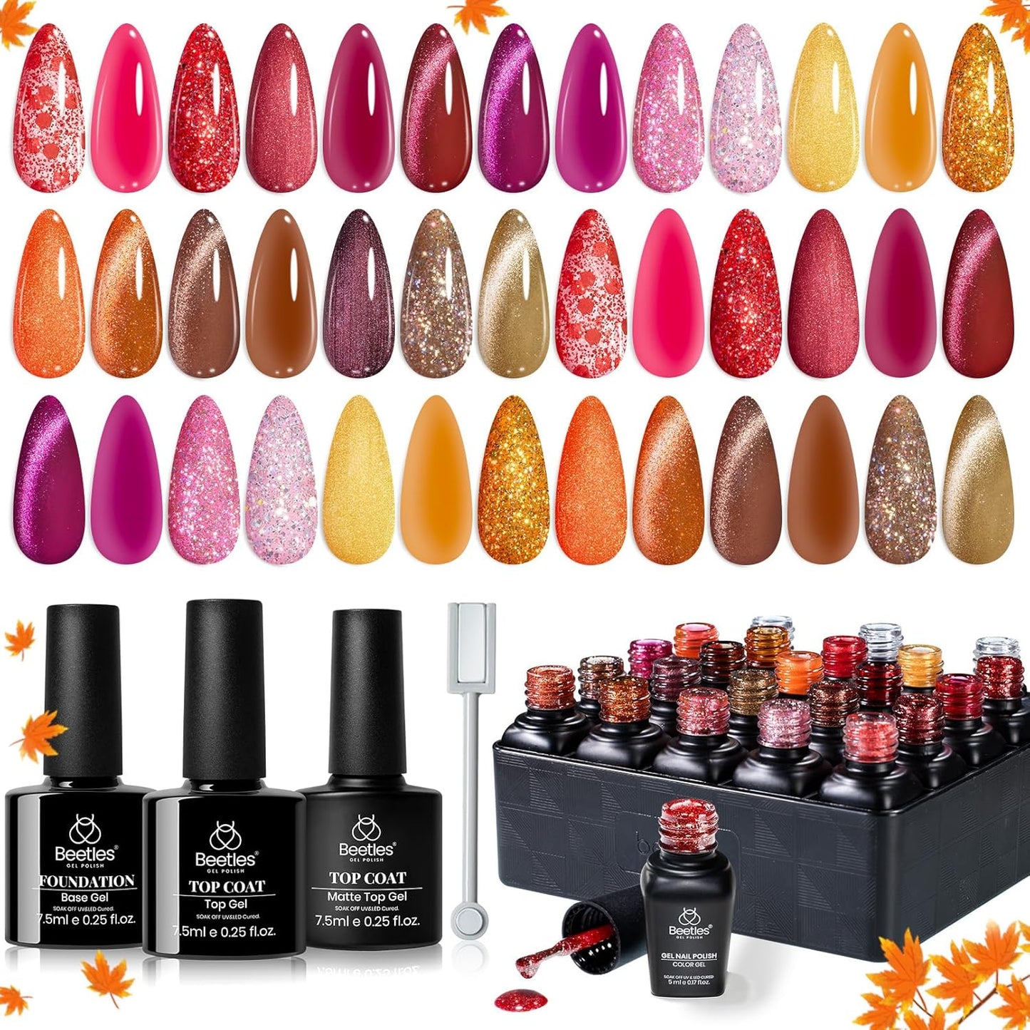 Beetles Fall Gel Nail Polish Set – Opulent Glow Cat Eye Gel Polish, 20 Colors Red Orange Yellow Glitter Brown, Soak Off UV LED with Base Glossy Matte Top Coat for DIY Manicure Gift for Women