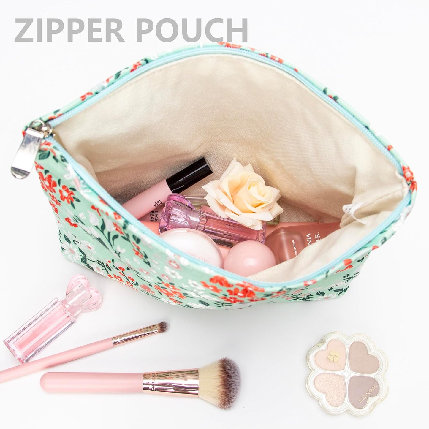 PAZIMIIK Makeup Bag Large Cotton Zipper Pouch for Purse Travel Canvas Make Up Organizer for Women Cosmetic,Brocade Green