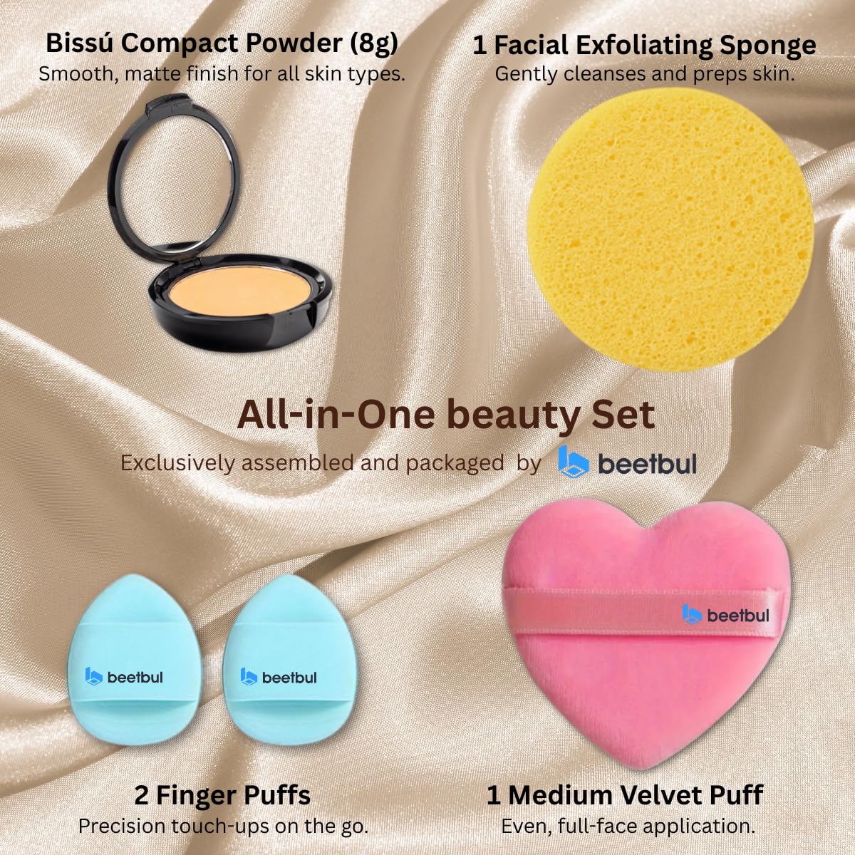 Beetbul Makeup & Exfoliation Kit - Bissú Compact Powder + 1 Medium Velvet Puff + 2 Finger Puffs + 1 Facial Exfoliating Sponge (09 Shell Beige, One Size)