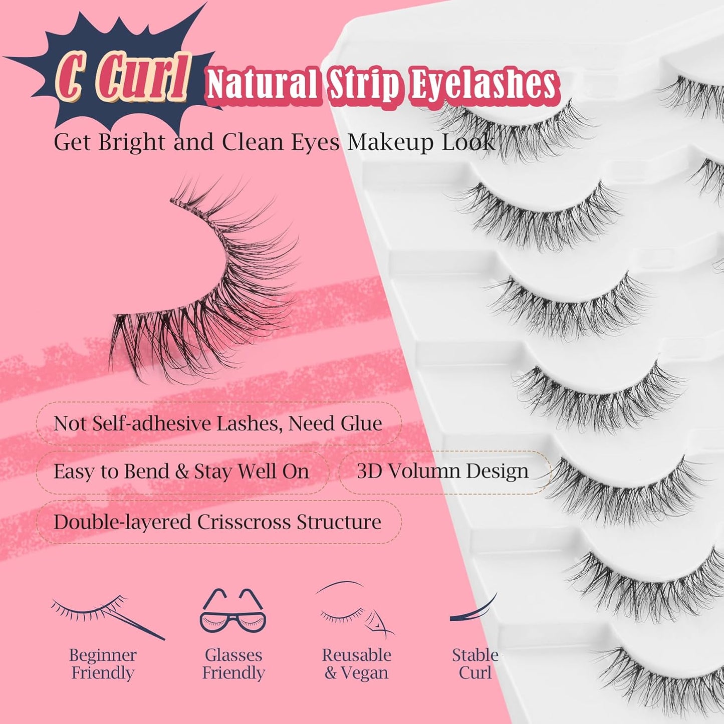 Natural Lashes False Eyelashes 12 MM Short Lashes WIspy 3D Volume Fake Eyelashes Pack C Curl Soft Eye Lash with Thin Cotton Band 7 Pair False Lashes Siligli