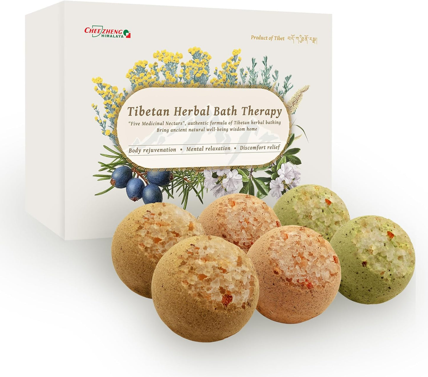 CheezhengHimalaya Tibetan Herbal Bath Therapy. Bath Bomb Gift Set, Tibetan Herbal Formula, Five Medicinal Nectars, Relaxing, Revitalizing, Essential Oils, Nourishing The Skin, Pack of 6