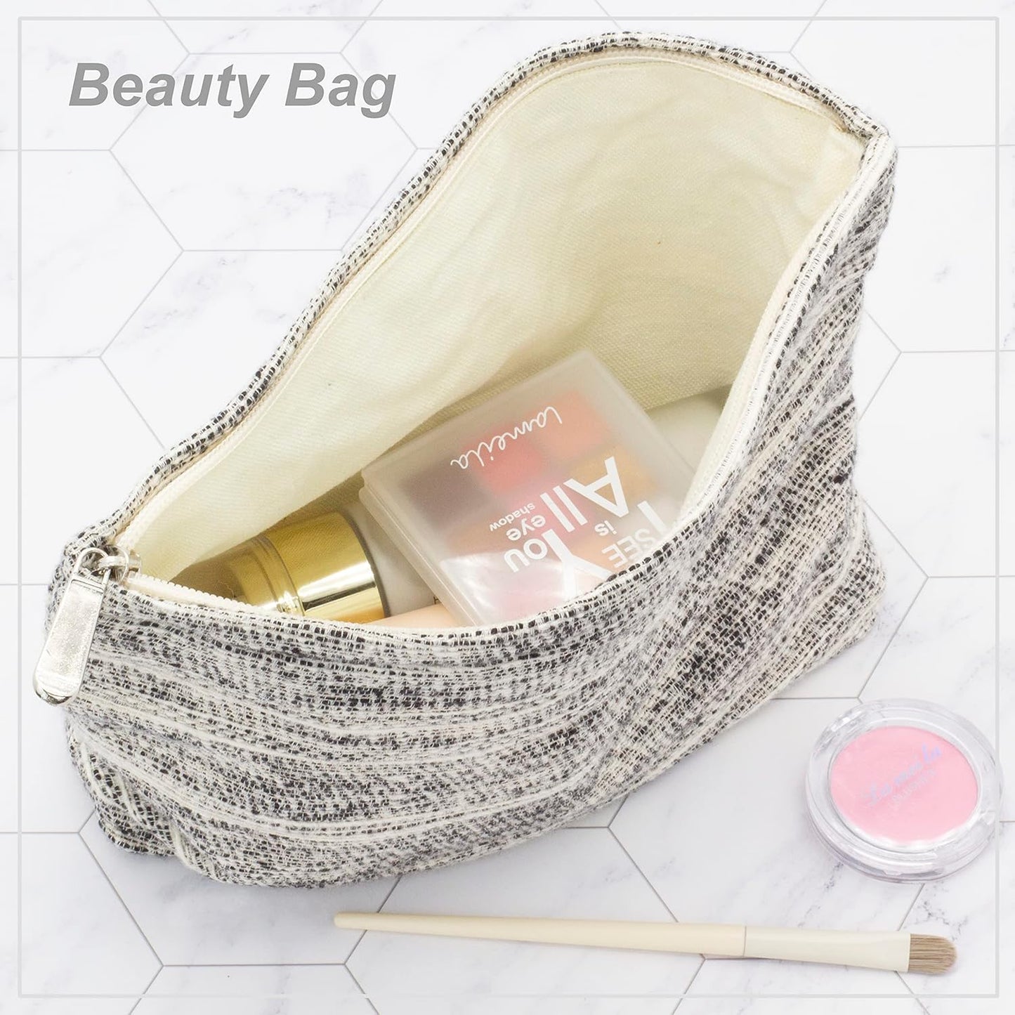 Makeup Bags for Purse Zipper Cosmetic Pouch Large Travel Canvas Make Up Organizer Tool Pouch for Women and Girls,Ripple Grey