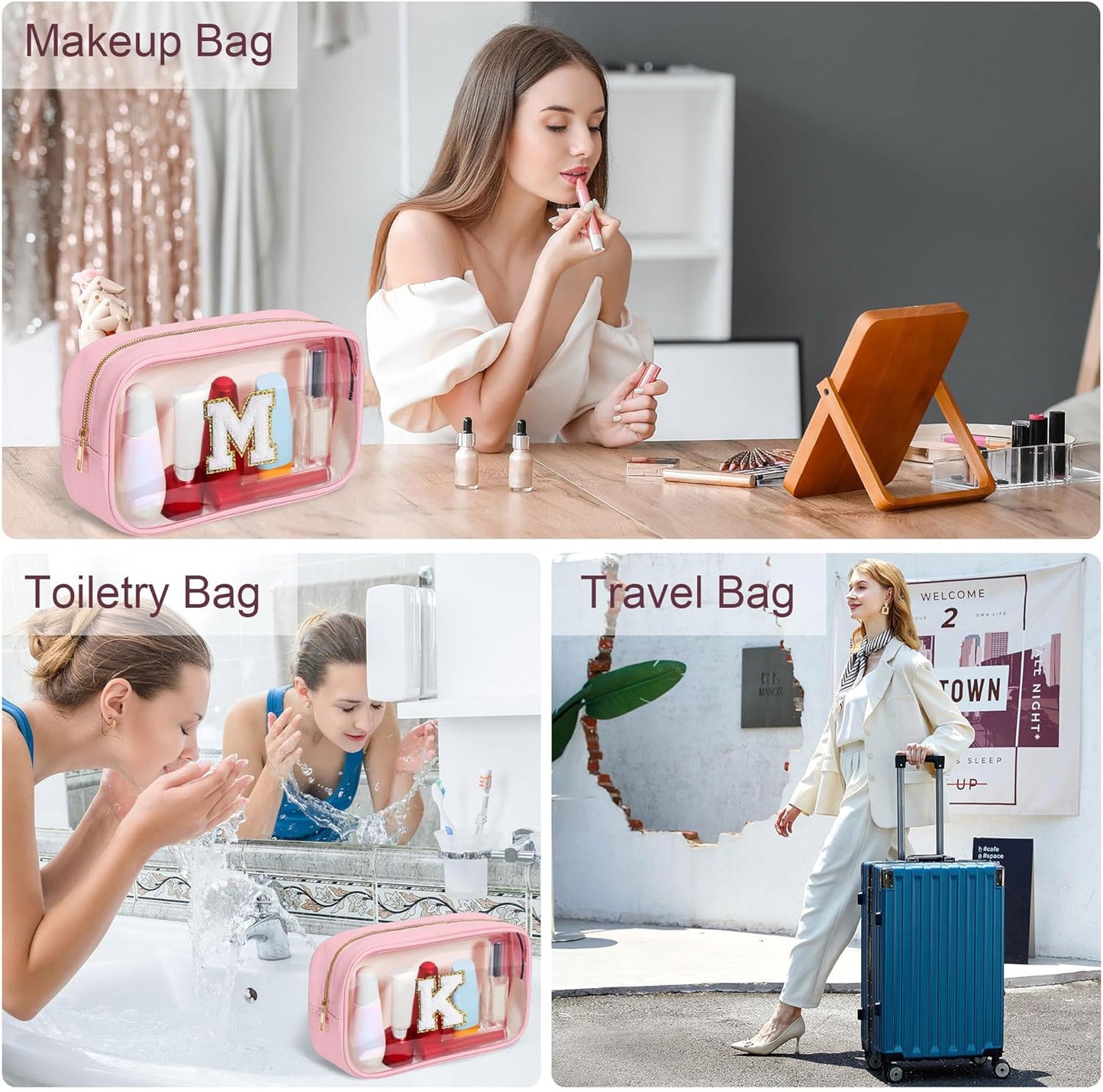 YOOLIFE Initial Travel Makeup Bag Pouch, Clear Toiletry Bag for Women Travel Accessories Cosmetic Bag Skin Care for Teen Make Up Bags Birthday Gifts for Women Unique Teacher Mom Friends Gifts Pink N