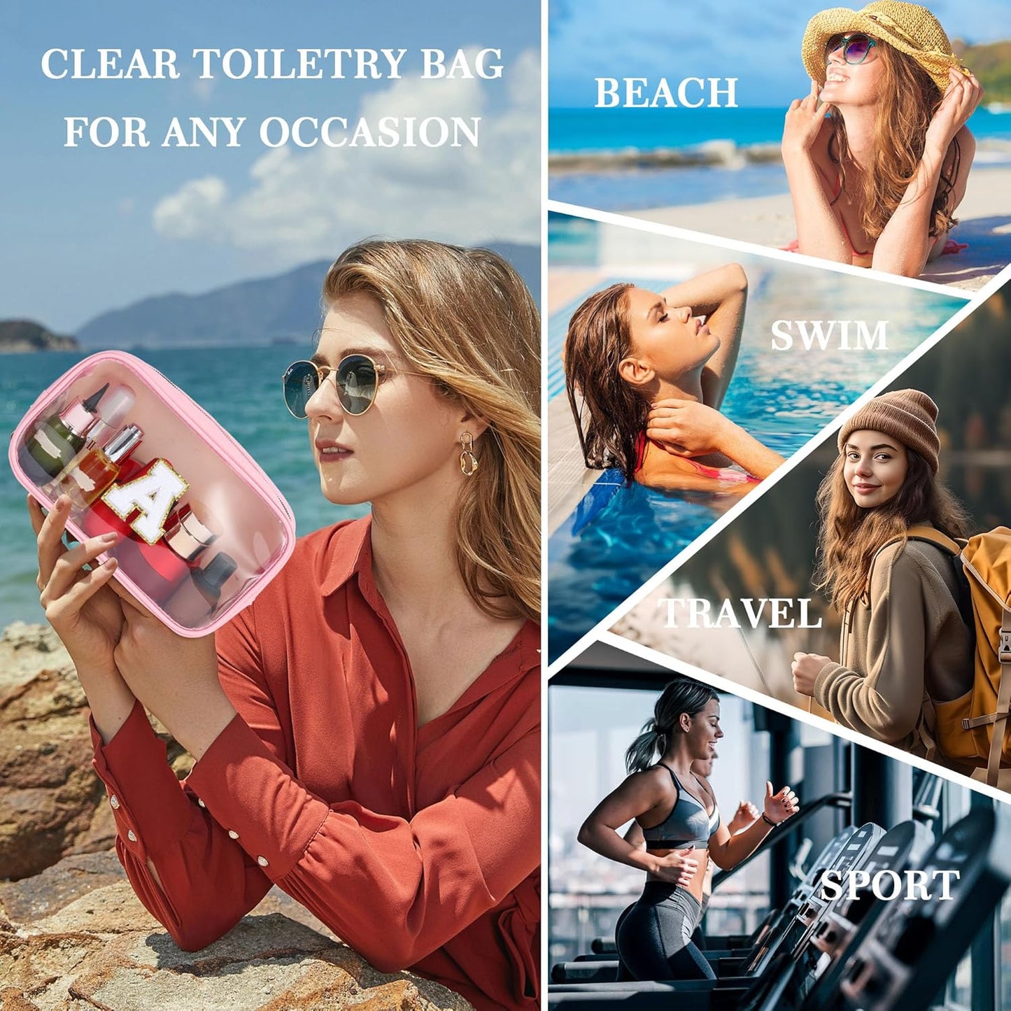 YOOLIFE Travel Toiletry Bag for Women, Pink Clear Makeup Bag Cute Make Up Bag for Women Cosmetic Bags Skin Care Makeup Bag Organizer Birthday Gifts for Women Teacher Mother Girlfriend Initial T