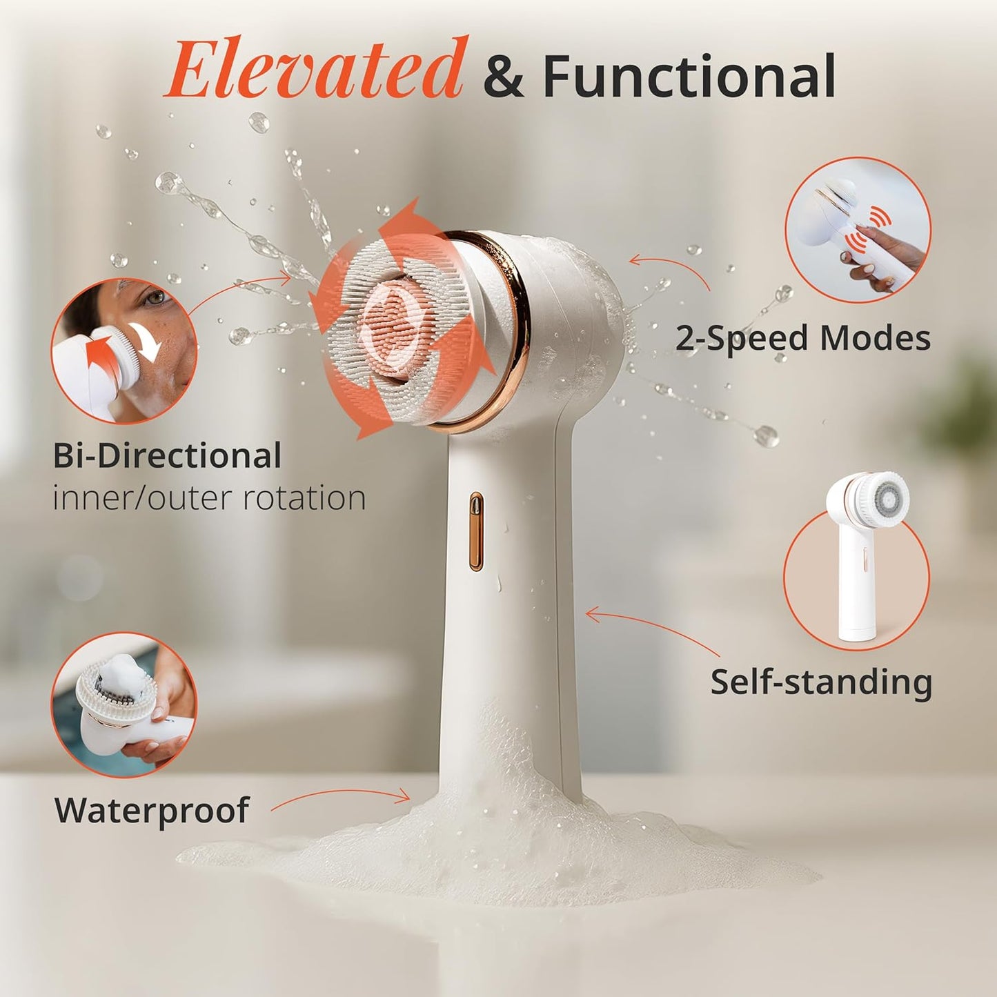 Vanity Planet Raedia 2.0 Facial Cleansing Brush, 4 Interchangeable Brush Heads, White - Daily Cleansing Face Exfoliator for Glowing & Acne Prone Skin - Lightweight Silicone Water-Resistant Body Brush