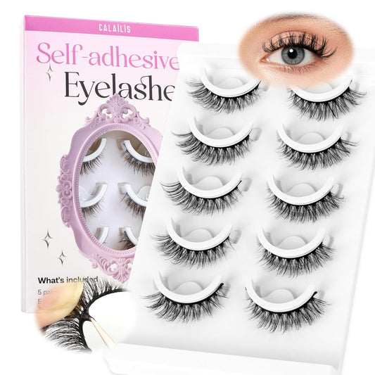 CALAILIS Self Adhesive Eyelashes 5 Pairs Natural Look Press On Lashes No Glue Need Eyelashes Reusable Cat Eye Wispy Self-adhesive False Lashes with Replacement Adhesive Strips (C001)