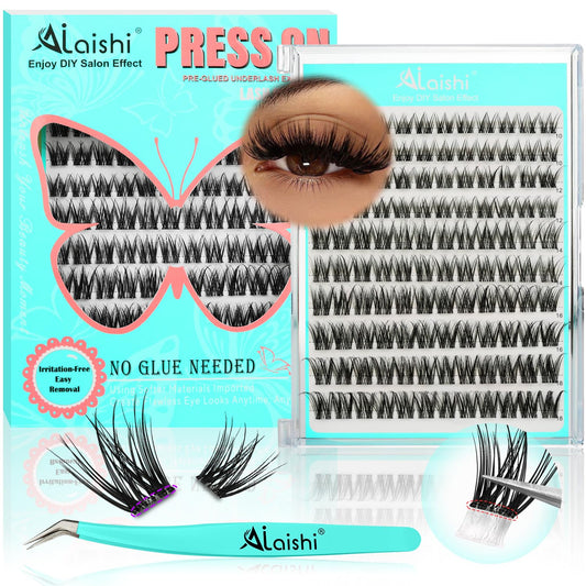 No Glue Needed Lashes, Self Adhesive Eyelashes, DIY Lash Cluster Eyelash Extensions Kit 10‑18mm,120pcs Fluffy D Curl Soft Natural Lashes with Tweezers–Fake Cat Eye Wispy Individual Clusters(NGDY81)