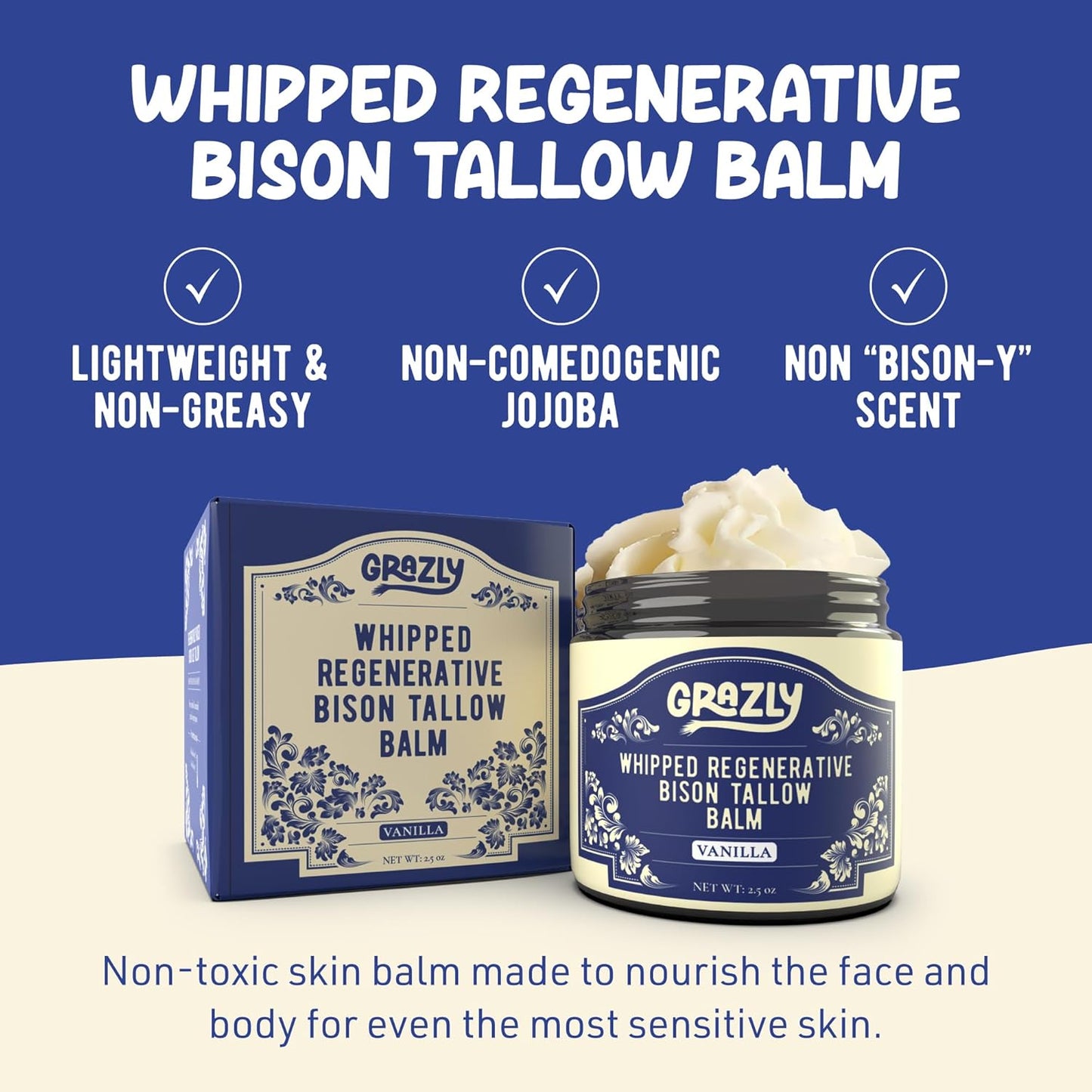 Whipped Bison Tallow Balm w/Manuka Honey, Jojoba, Organic Vanilla - Grass-Fed & Finished Organic Tallow Face Moisturizer - Face & Body Cream for Acne-Prone Skin - Nourishing Skincare (2.5 oz)