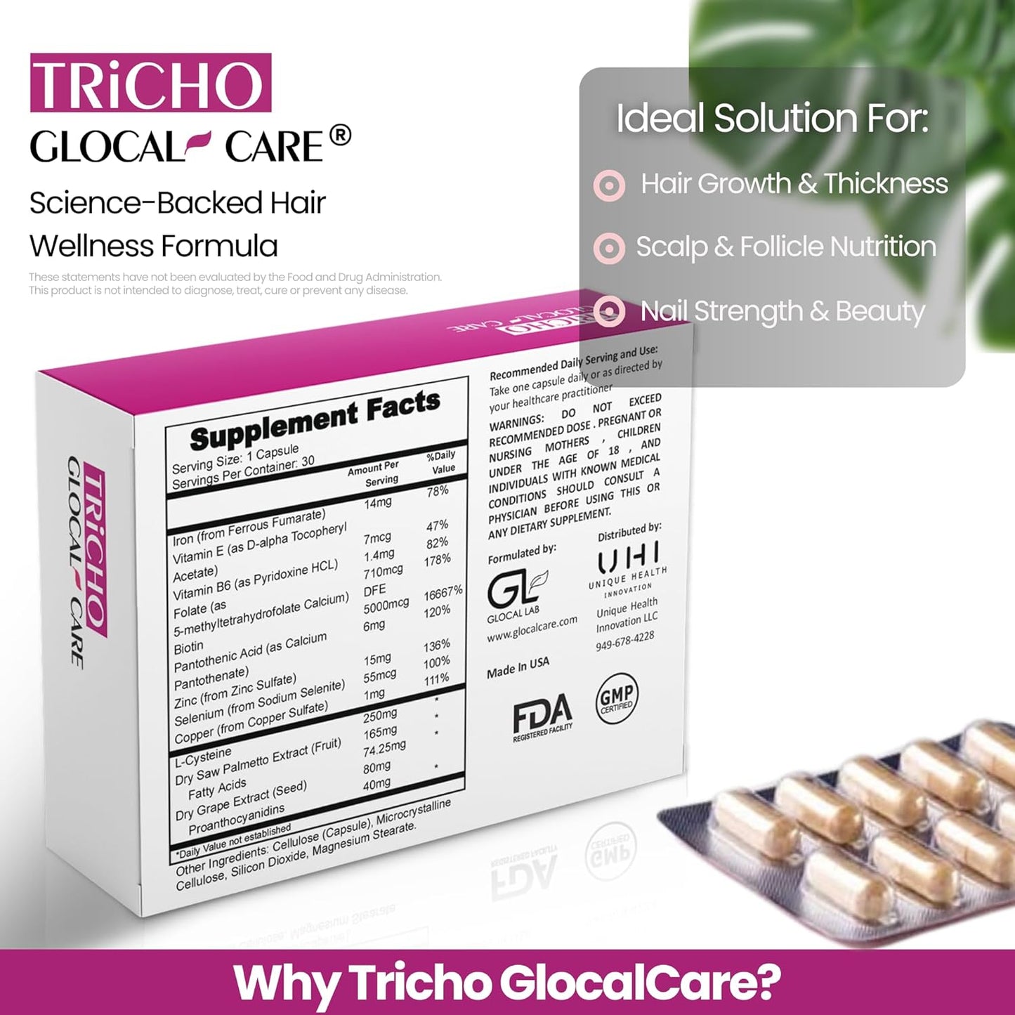 GlocalCare Tricho - Hair Growth Supplement, DHT Blocker with Saw Palmetto, 5000mcg Biotin & L-Cysteine - Revitalizes Thinning Hair, Stimulates Follicles & Promotes Regrowth in Men & Women - 30 ct