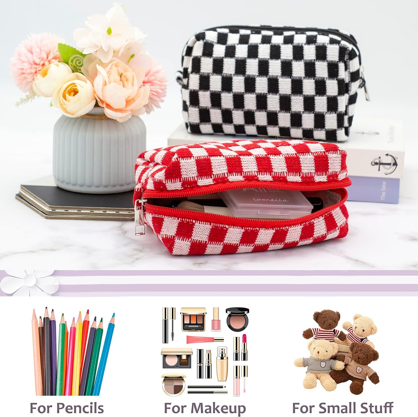 PAZIMIIK Checkered Makeup Bag for Purse Portable Zipper Make Up Pouch Small Cosmetic Case for Travel Accessories (6PCS Red)