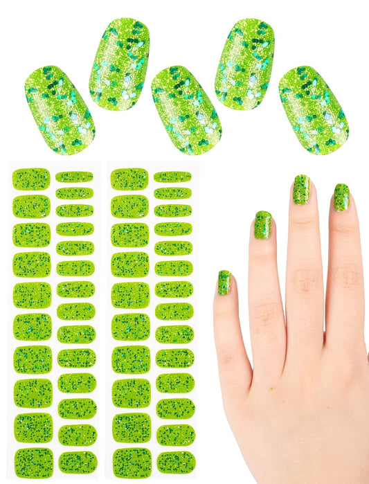 48 Pcs No UV Light Needed Self-Adhesive Semi Cured Stick on Nail Polish Strips, Gel Nail Art Design Stickers Wraps for Women with Nail Files (Green)(Green)