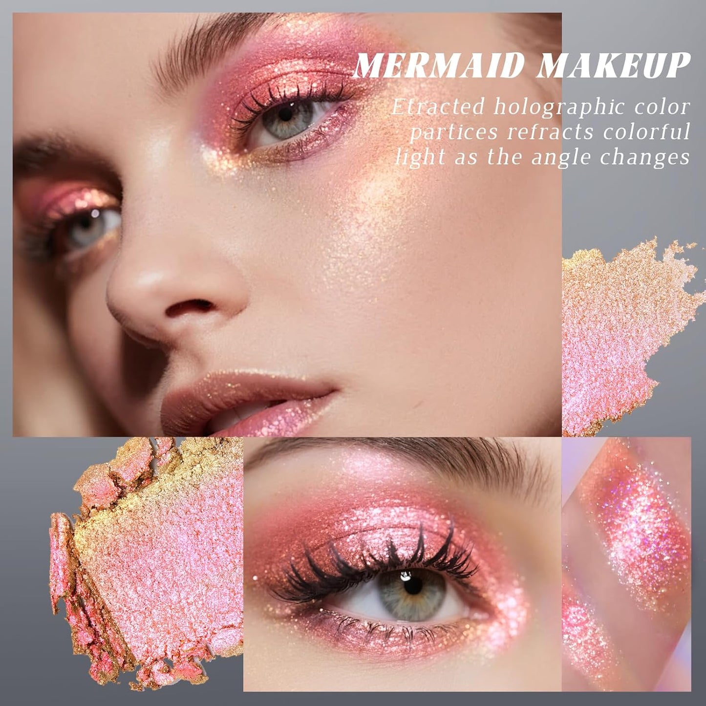 Chameleon Rose Gold Glitter Eyeshadow, Cream to Powder Shimmer Multichrome Single Eyeshadow, Sparkling Holographic Color Shifting Eye Brightener Highlighter Makeup Palette 03