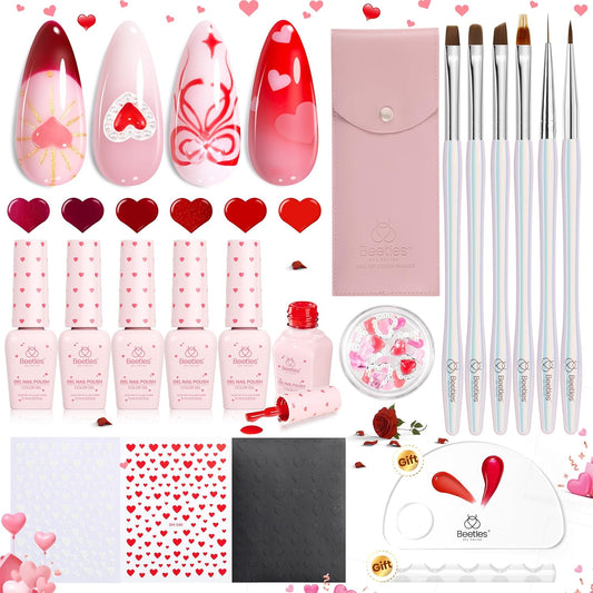 Beetles Red Gel Nail Polish & Nail Art Brushes Set-Heart Desire Multifunctional Nail Brushes Kit for Nail Art with Heart Nail Gems&Nail stickers Manicure Gift for Girls Women