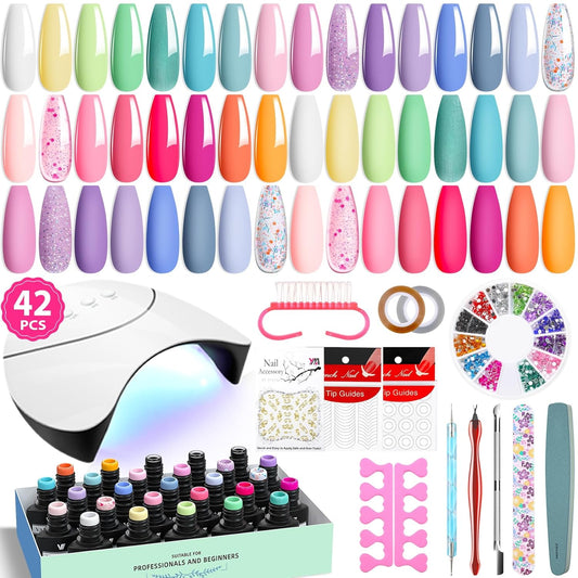 VANREESA 42 Pcs Gel Nail Polish Kit with U V Light 24 Popular Colors Gel Polish Nail Kit Green Blue Purple Pink Orange Complete Nail Kit with Manicure Tools Gifts for Women Girls