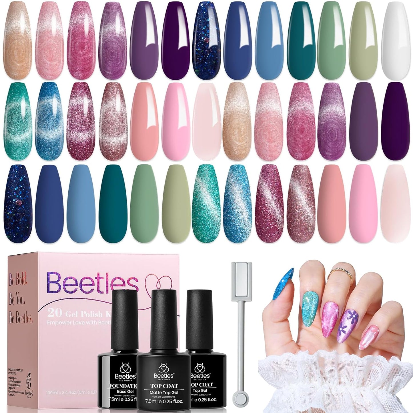 beetles Cat Eye Gel Polish Set - Floral Verses 20 Colors Fall Winter Gel Polish Kit, Blue Pink Purple Green Shimmer Nail Colors, with Magnet Stick Glossy & Matte Gel Top Base Coat UV Gifts for Women