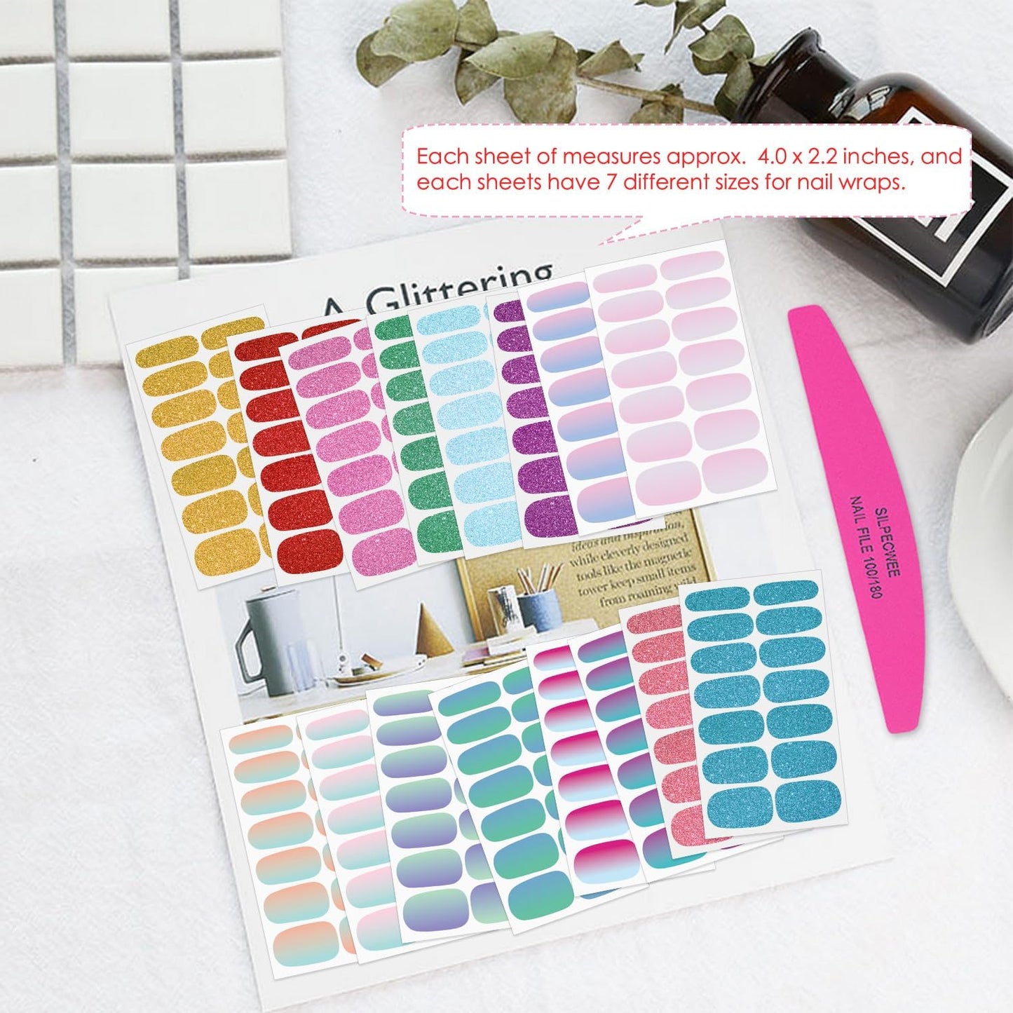 SILPECWEE 16 Sheets Bright Color Nail Polish Stickers Full Nail Wraps Glitter Mermaid Color Gel Strips Self Adhesive Nail Polish Strips Fingernail Sticker Nails for Women with File