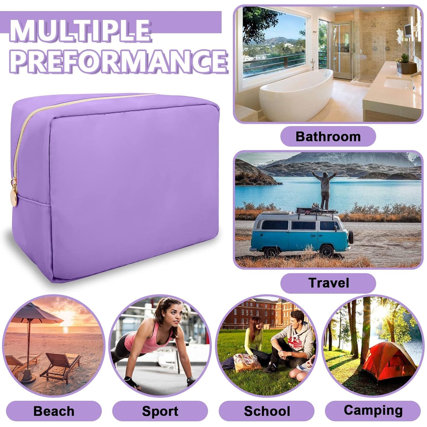 Large Makeup Bag Pouch,Nylon Women Travel Toiletry Storage Bag Preppy Cosmetic Bag for Girls,Big Makeup Organizer Bag Cute Zipper Pouch Skincare Bag for Sport Work Gift(Large-Purple)