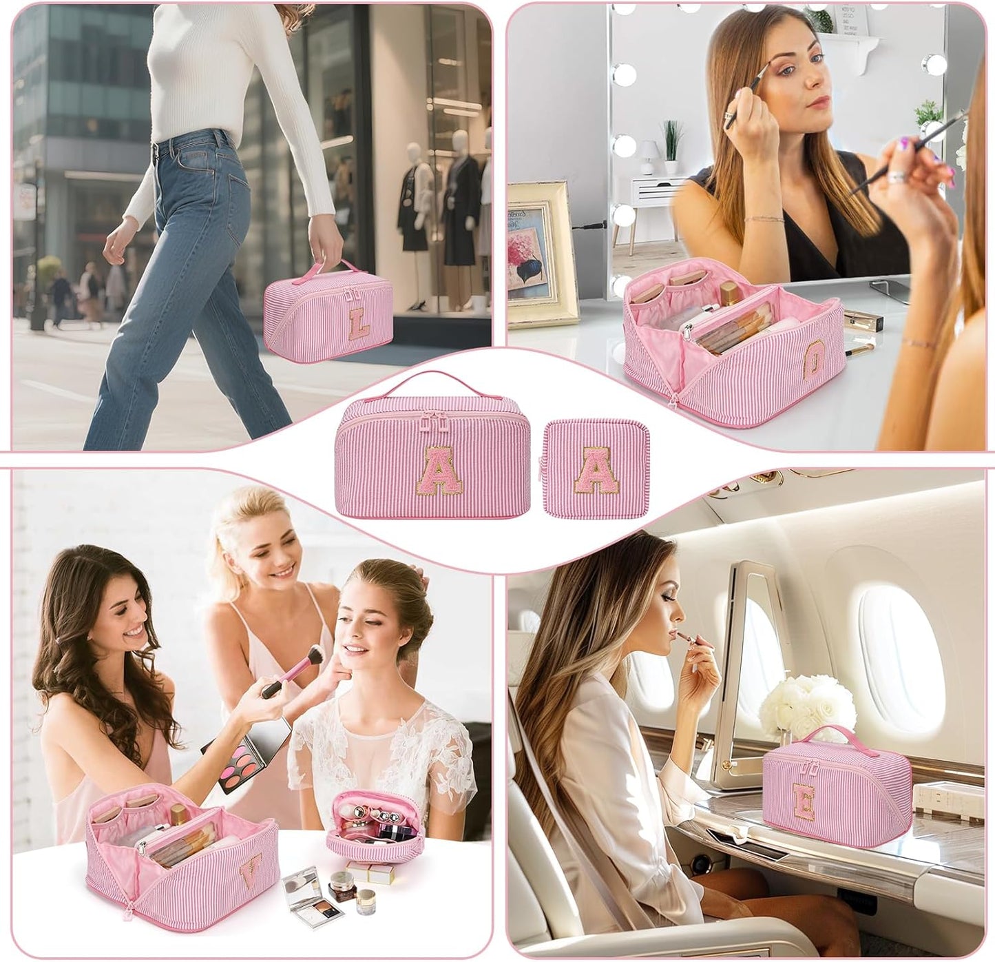Travel Makeup Bag for Women, 2Pcs Portable Personalized Initial Makeup Organizer Bag, Open Flat Large Cosmetic Bag With Travel Essential Pouch (Pink Letter Y)
