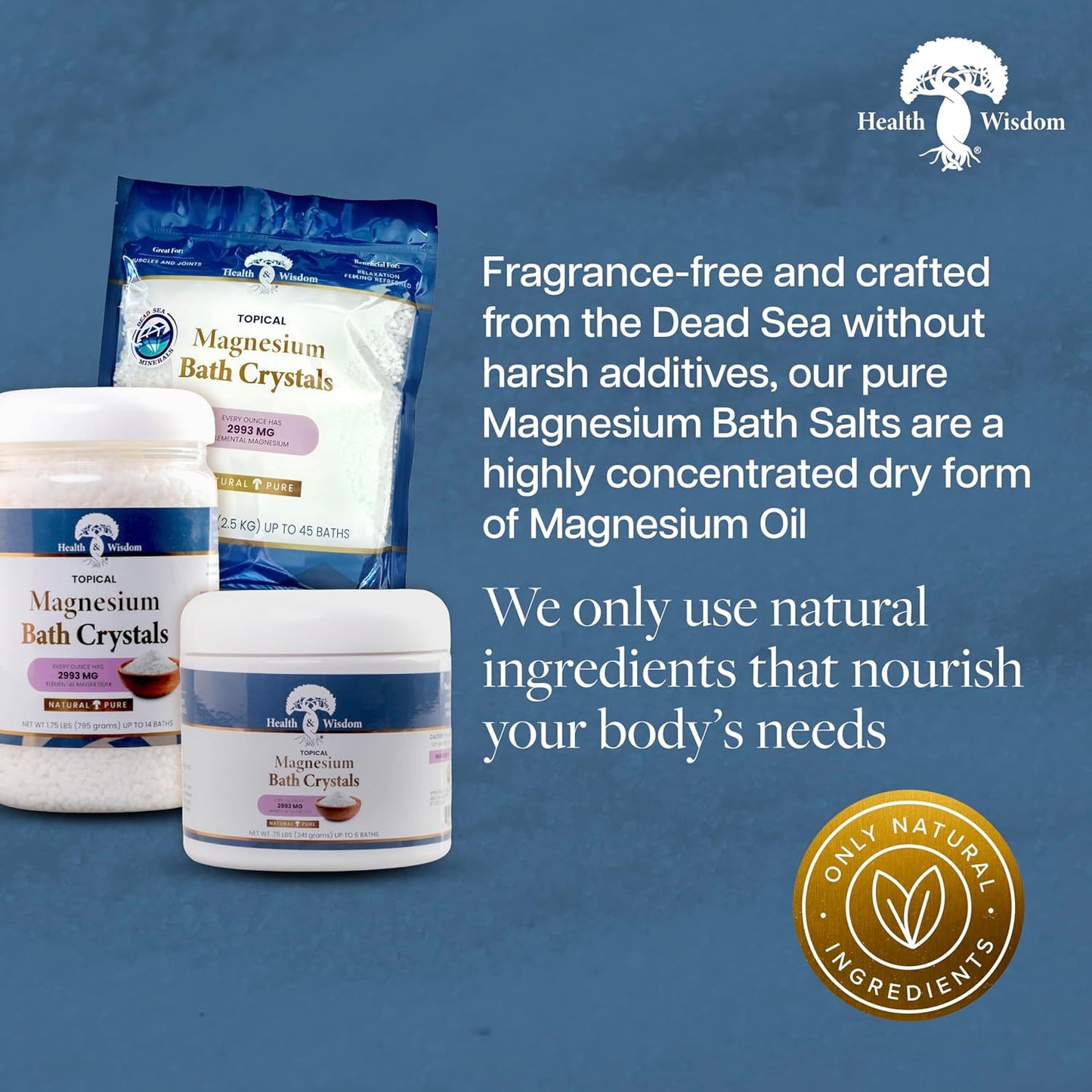 Health and Wisdom Magnesium Bath Crystals - Bath Salts with High Concentration & Enhanced Absorption for Muscle & Joint Relief - Dead Sea Sourced - Unscented - 2.6 oz - Single Use