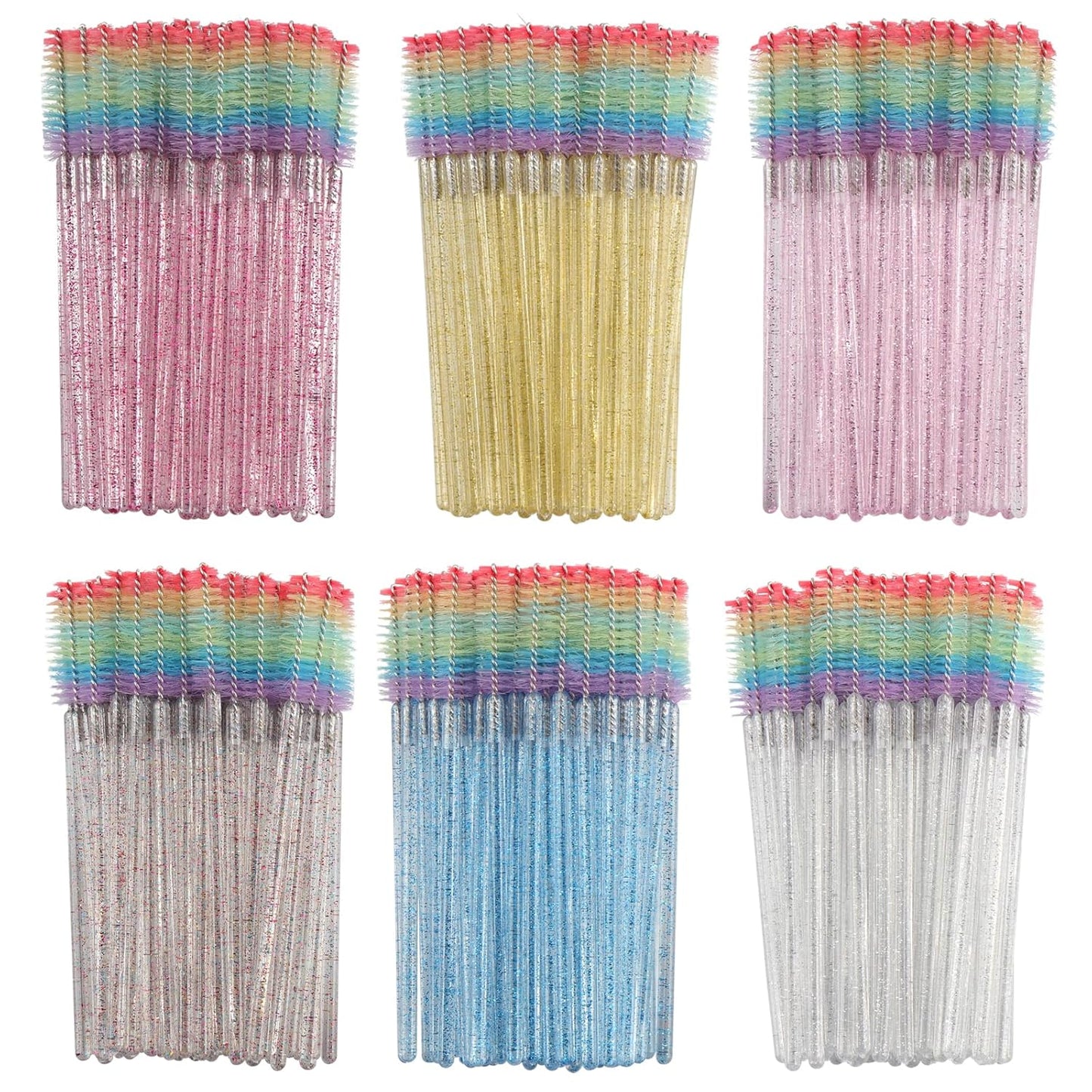300PCS Disposable Mascara Wands Spoolie Brush Crystal Eyebrow Brushes Eyelash Extension Applicator Makeup Kits.myaokue-up (Rainbow Heads 6 Color Mix)