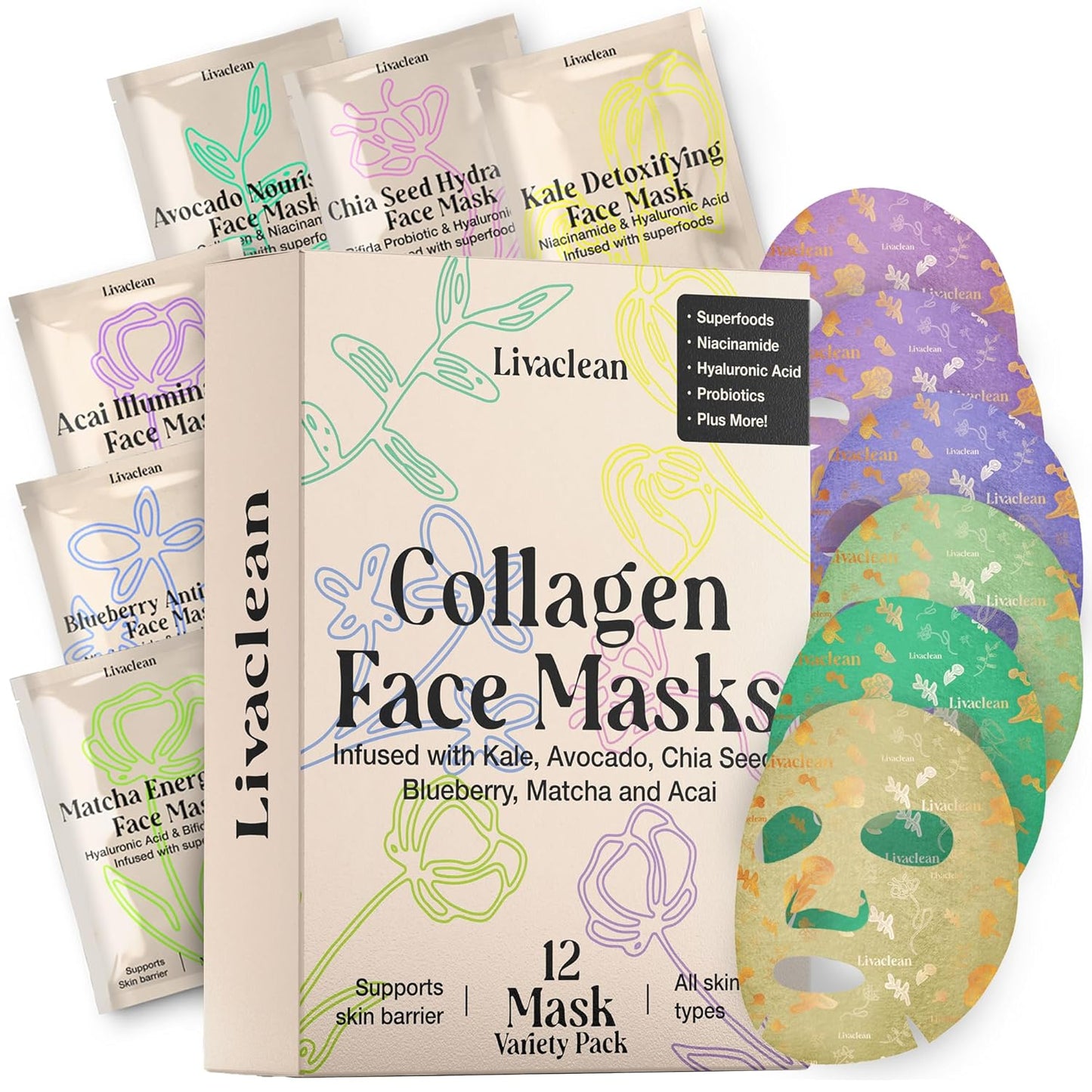 LivaClean 12 CT Face Masks Skincare - Collagen Sheet Mask - Hydrating Face Masks Bulk with Glycerin, Hyaluronic Acid, Aloe Vera - Soothing, Refreshing, Moisturizing Formula for All Skin Types