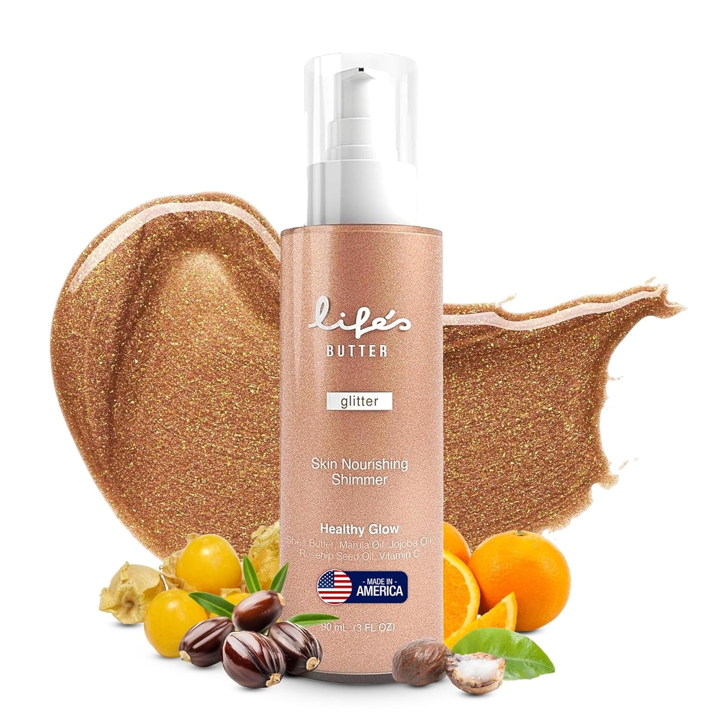 Life's Butter Face & Body Shimmer Healthy Waterproof Moisturizing Glow | Shea Butter, Marula Oil, Jojoba Oil and Vitamin C | Glistening Bronze | 3 Fl Oz (Pack of 1)