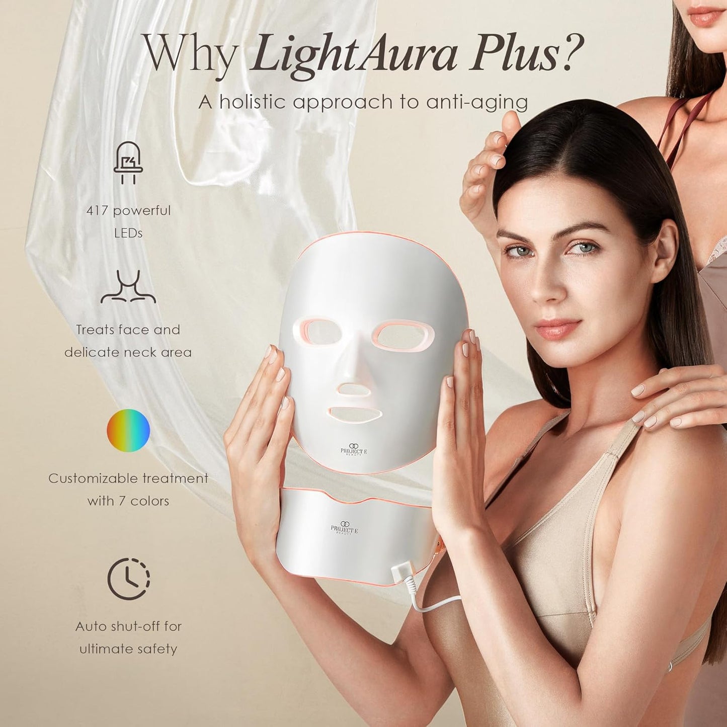 Project E Beauty LightAura Plus | LED Face & Neck Mask Skin Rejuvenation | LED Therapy Photon Mask | 7 Colors | Anti Aging | Spot Removal | Reduce Wrinkles | Anti-inflammation | Skincare Device