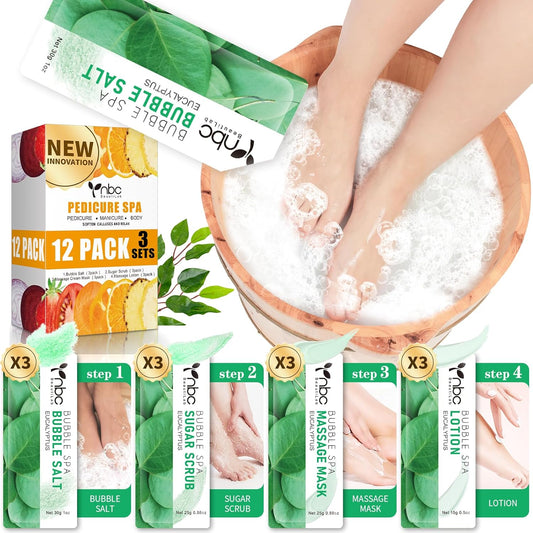 Pedicure Kit Foot Soak Set: Bubble Salt, Sugar Scrub, Massage Mask, Massage Lotion in a Box, 4 Step Foot Spa Kit for Dry Feet,Tired Feet（3 Set Eucalyptus)