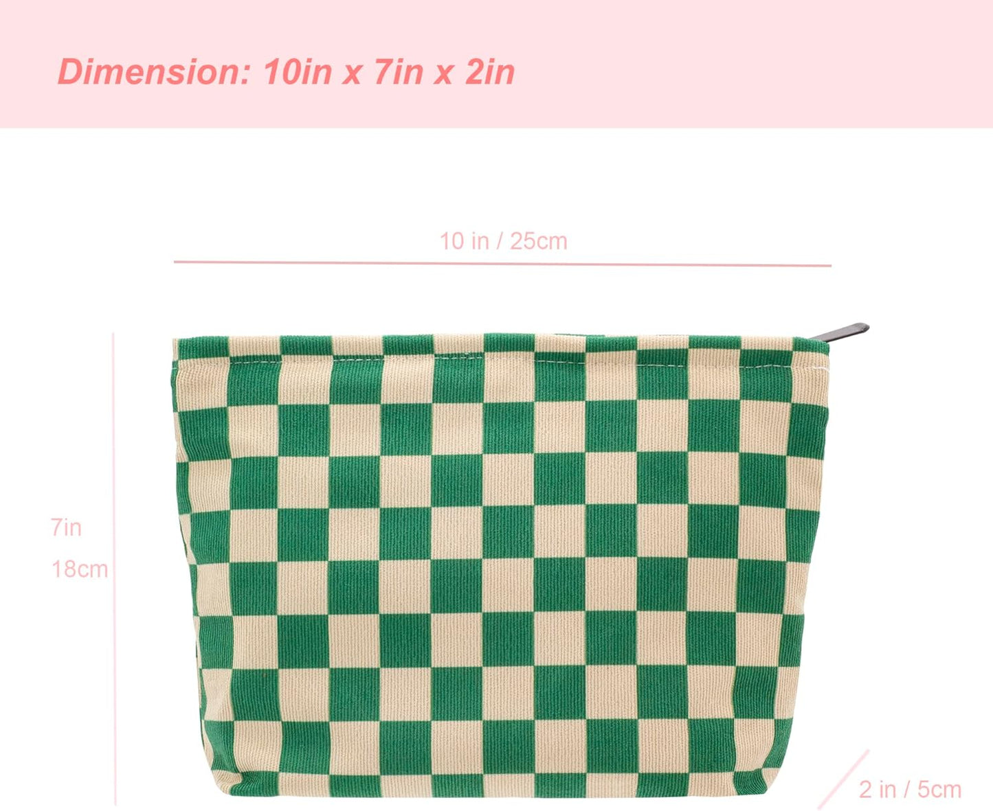 PAZIMIIK Makeup Bag Large Zipper Corduroy Make Up Pouch for Purse Travel Canvas Cosmetic Organizer for Women Brush Storage,Checkered Green