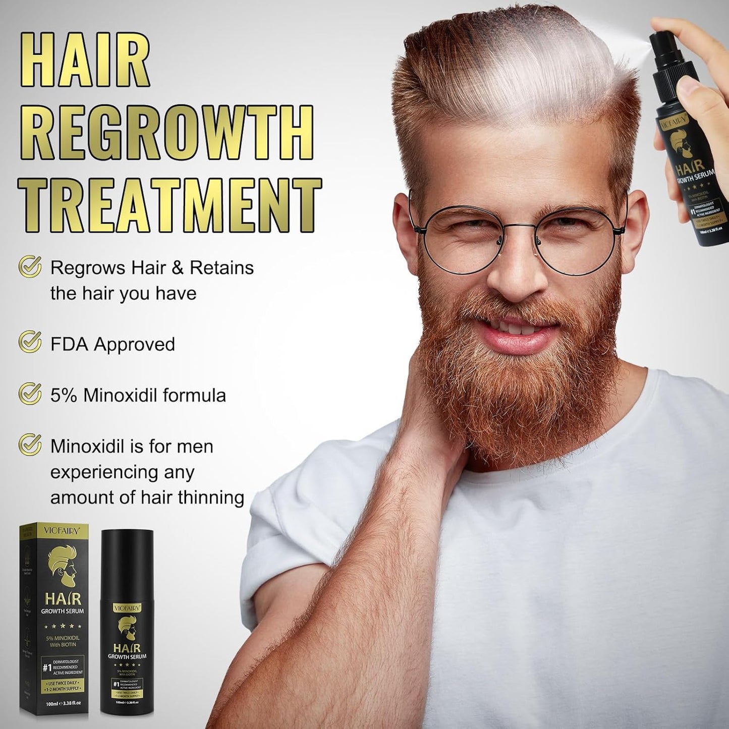 5% Minoxidil for Men Hair Growth Serum - Hair Regrowth Topical Spray Infused With Biotin - Thinning Hair and Anti Hair Loss Treatment Thicker Longer Fuller Healthier Hair 2 Month Supply