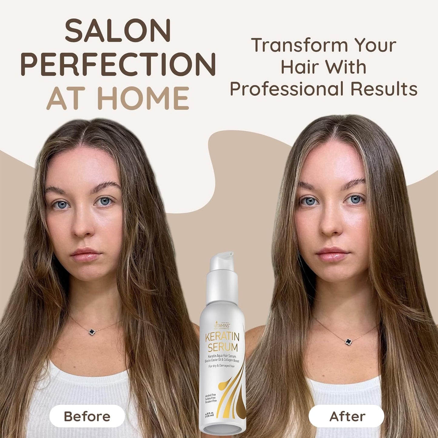 VITAMINS hair cosmetics Keratin Hair Serum for Frizzy and Damaged Hair - Anti Frizz Serum with Biotin, Castor Oil & Collagen for Heat Protection, Shine and Gloss Treatment - 4.25 Fl Oz